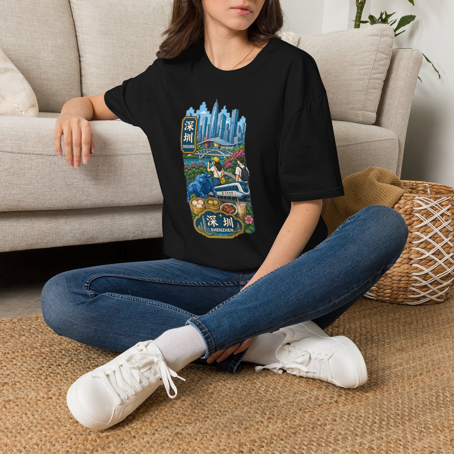 Shenzhen Skyline T-Shirt — Retro Travel City Scene with Chinese Characters