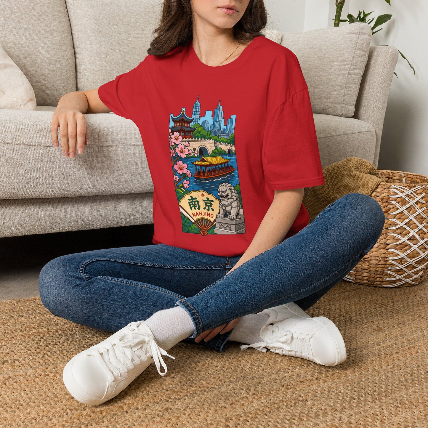 Nanjing Cityscape T-Shirt — Cherry Blossoms, Pagoda & Skyline Travel Shirt
