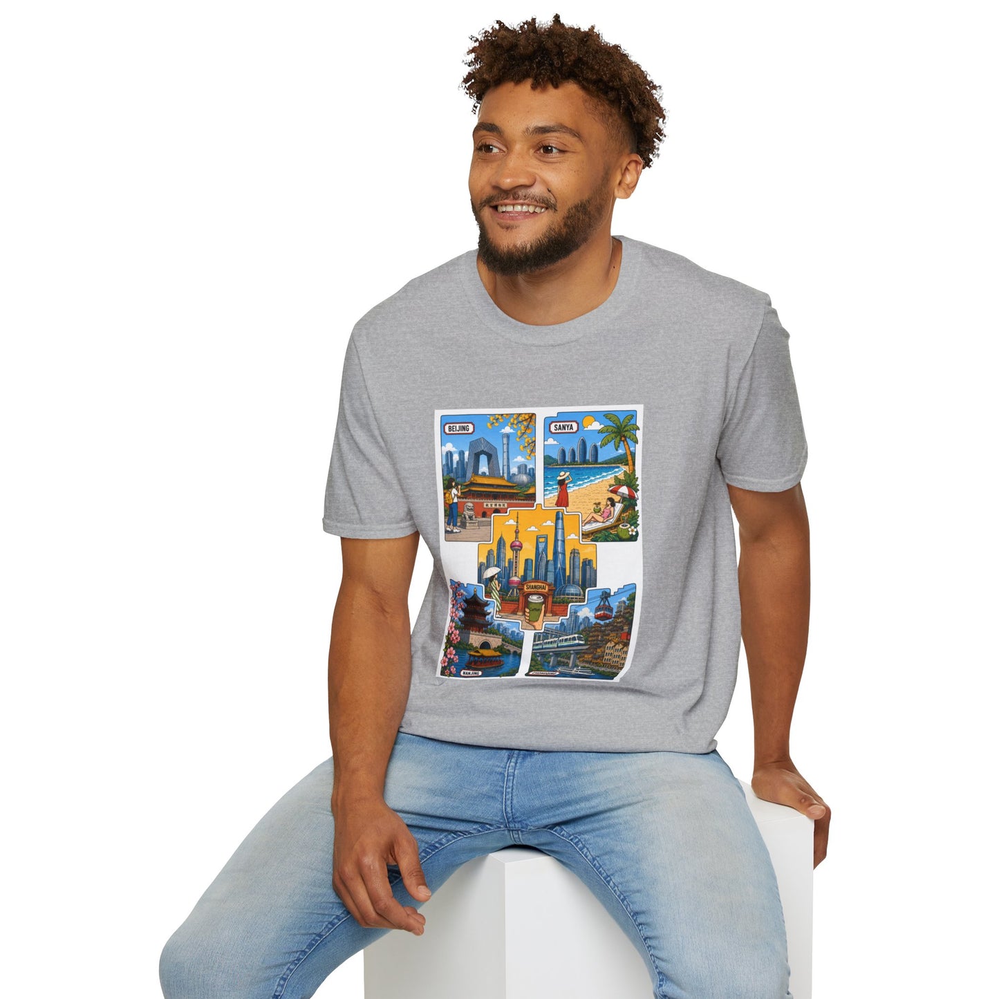 Cityscape Postcard T-Shirt — Retro Travel Collage (Beijing, Santa, Coastal Scenes)