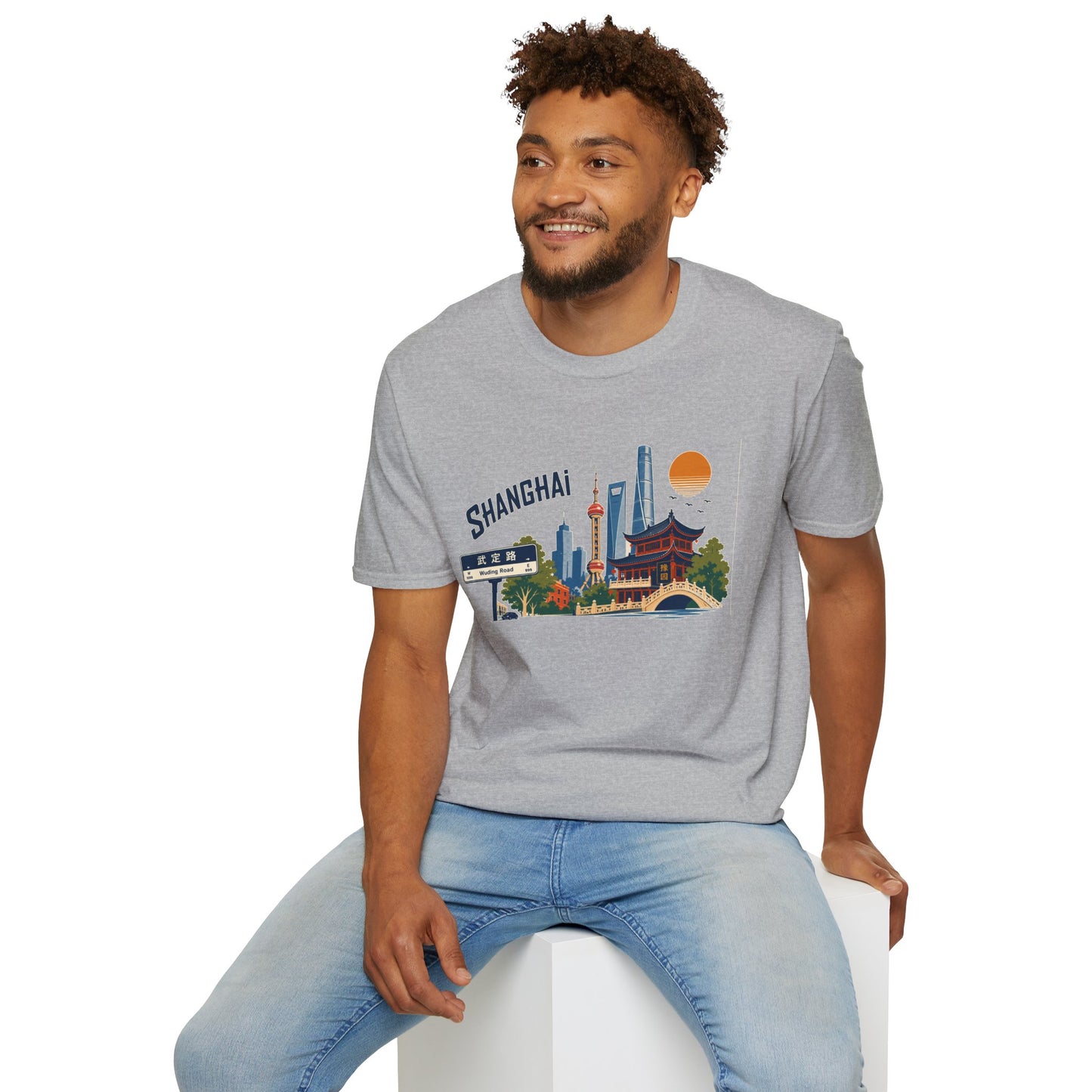 Shanghai Skyline T-Shirt — Vintage Cityscape Tee with Oriental Temple & Pudong Landmarks