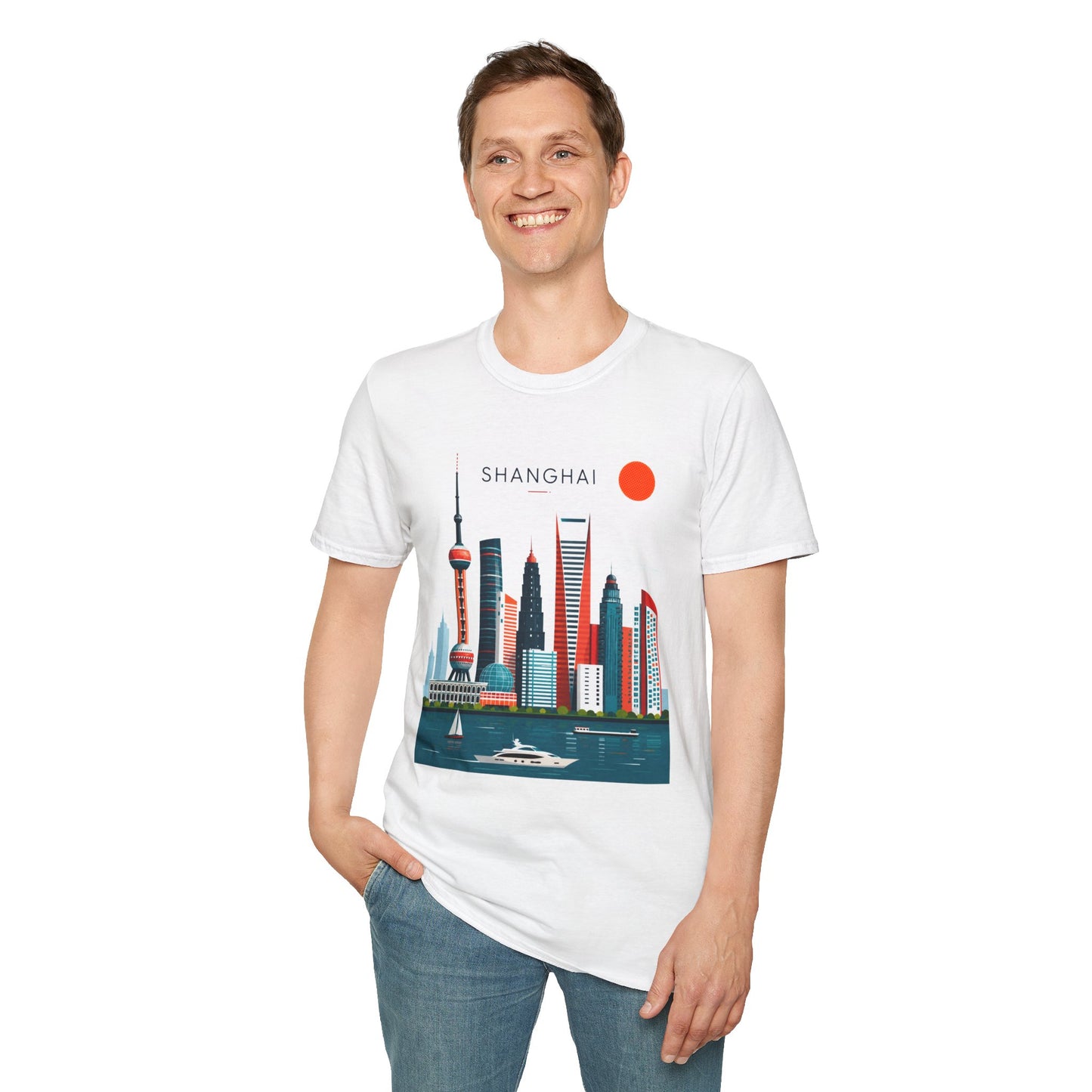 Shanghai Skyline T‑Shirt — Retro Red Sun Cityscape Tee
