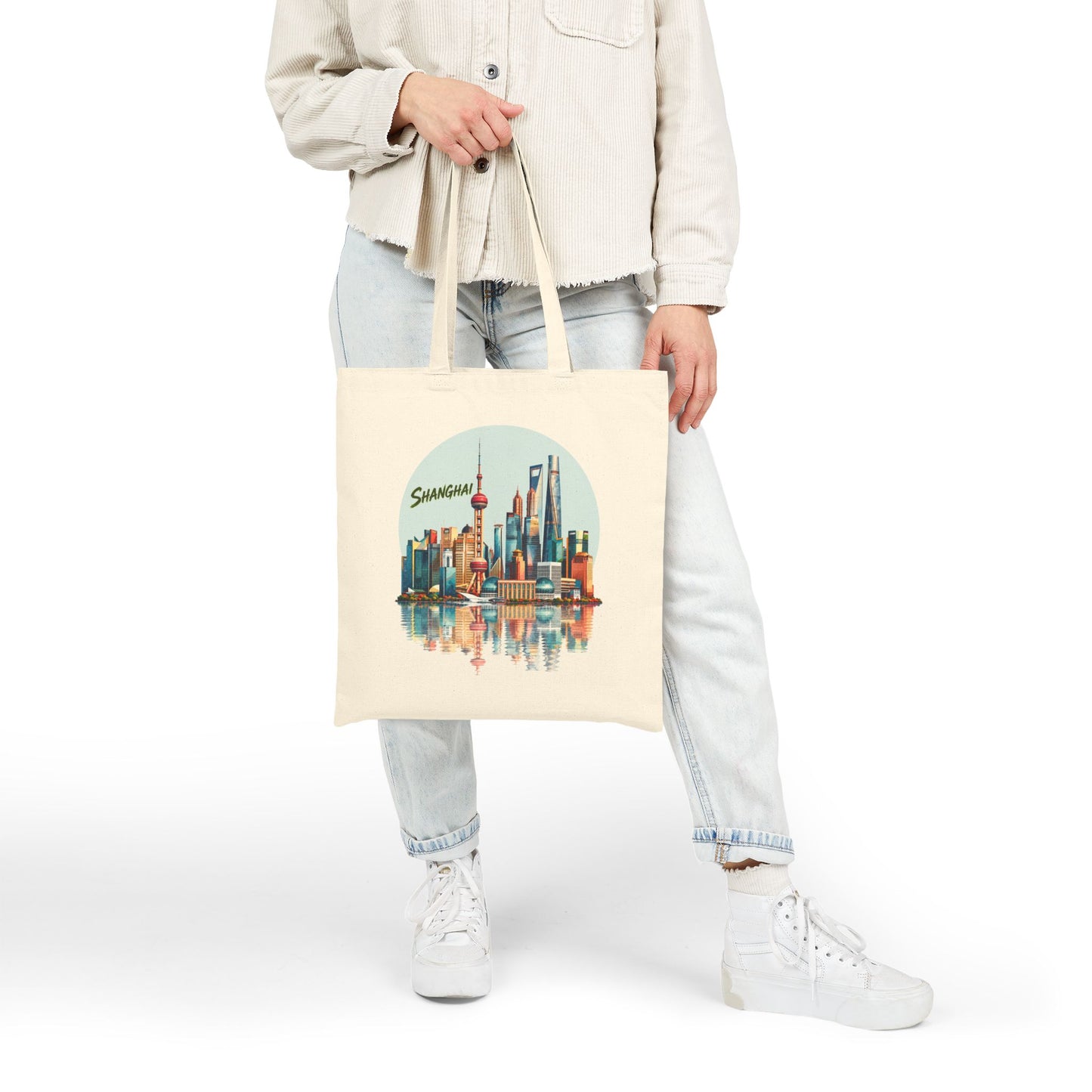 Shanghai Skyline Canvas Tote Bag – Vintage Cityscape Reusable Shopper
