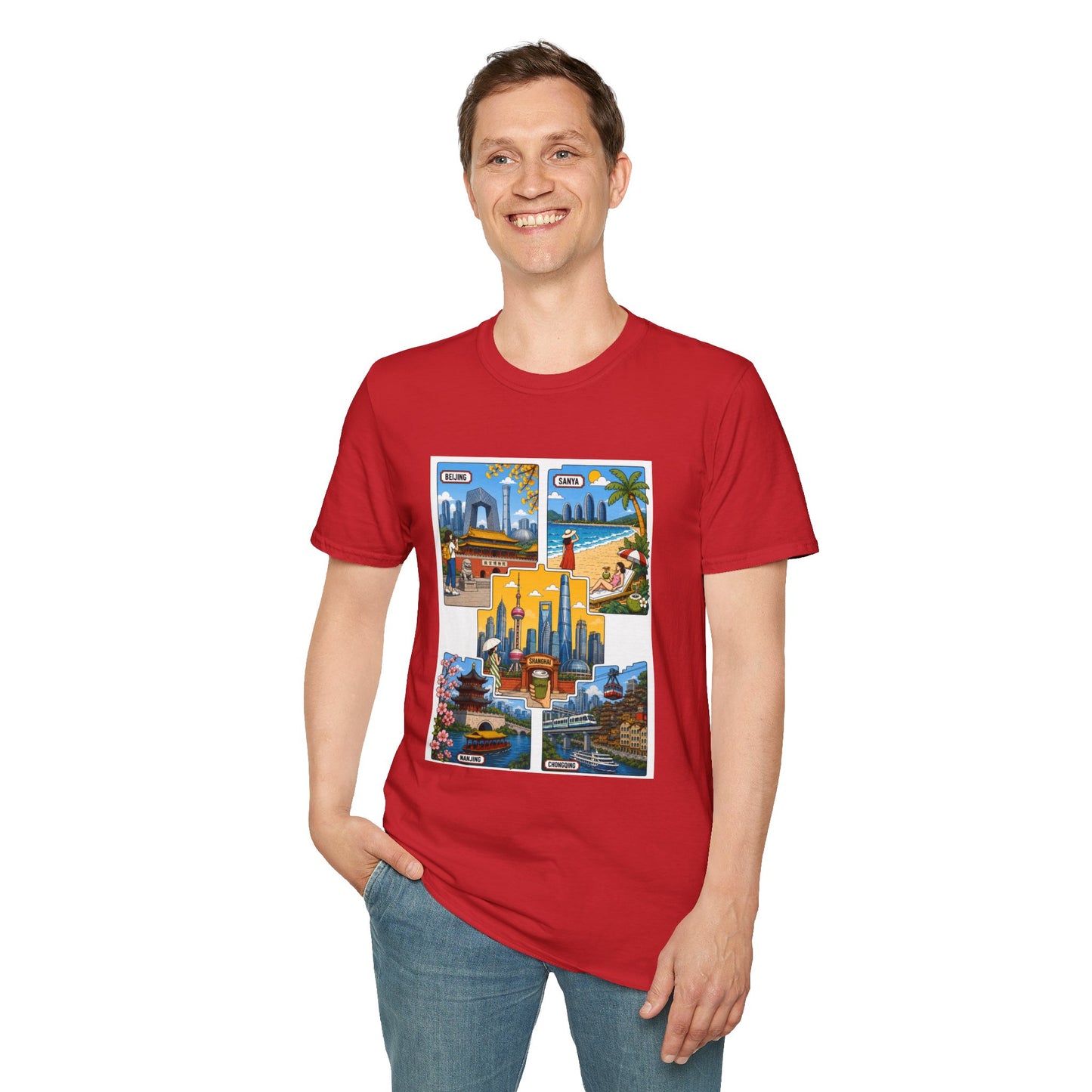 Cityscape Postcard T-Shirt — Retro Travel Collage (Beijing, Santa, Coastal Scenes)