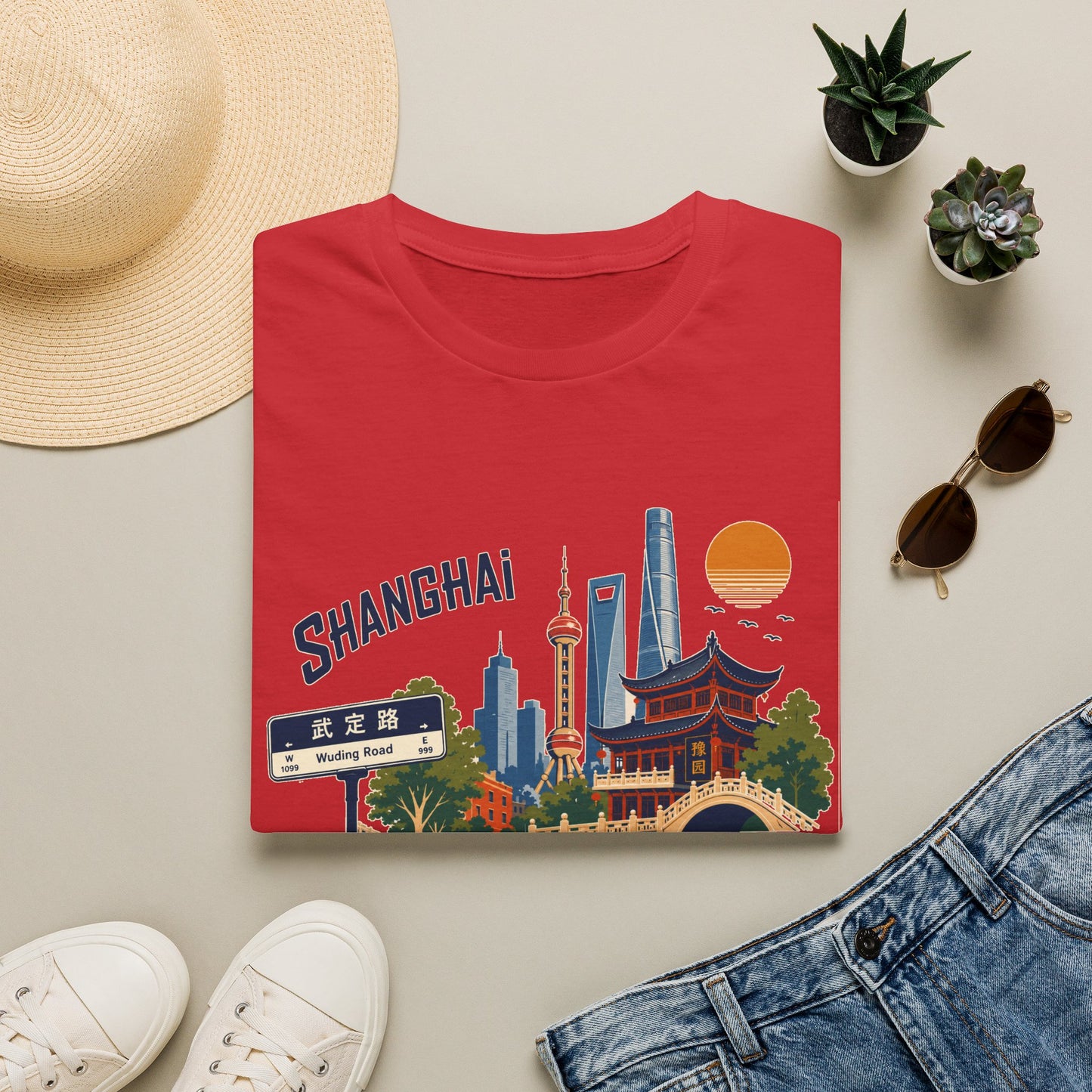 Shanghai Skyline T-Shirt — Vintage Cityscape Tee with Oriental Temple & Pudong Landmarks