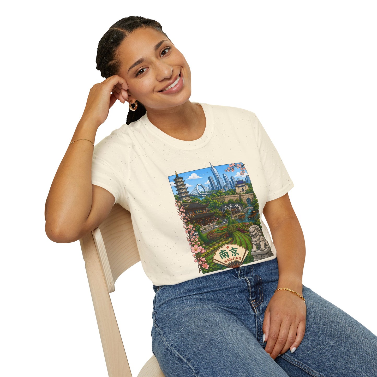 Nanjing Skyline T-Shirt — Scenic Cityscape with Pagoda & Cherry Blossoms