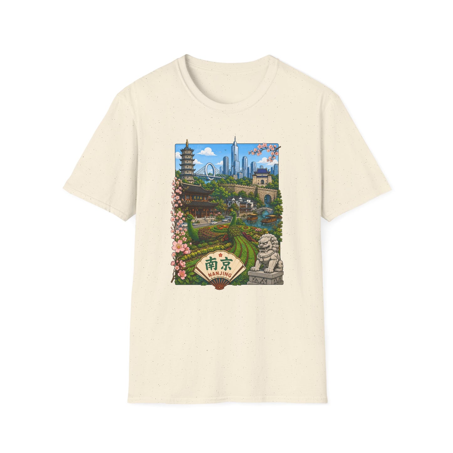 Nanjing Skyline T-Shirt — Scenic Cityscape with Pagoda & Cherry Blossoms