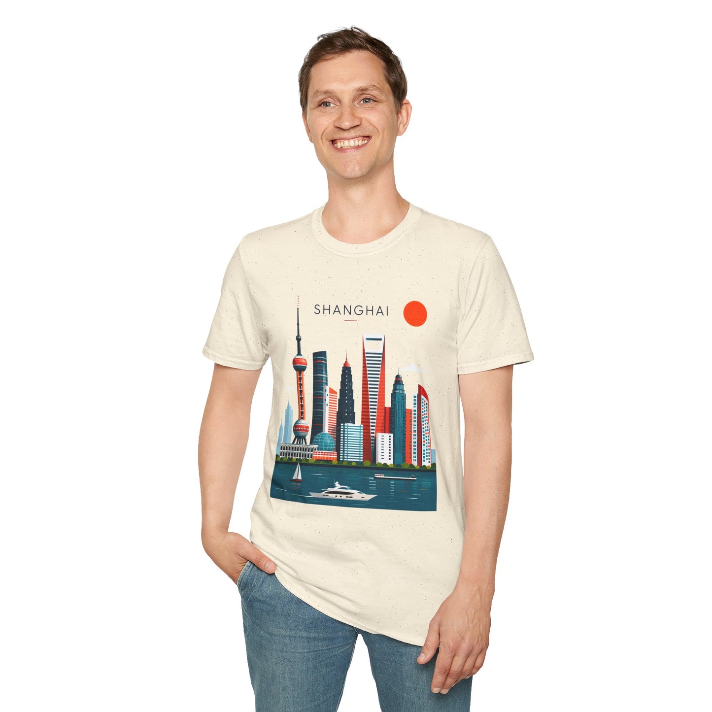 Shanghai Skyline T‑Shirt — Retro Red Sun Cityscape Tee