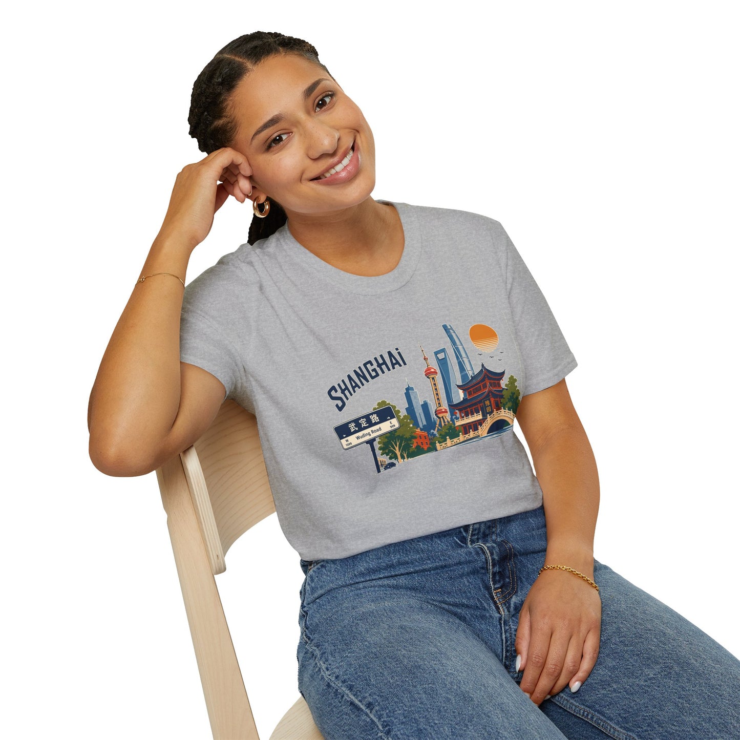 Shanghai Skyline T-Shirt — Vintage Cityscape Tee with Oriental Temple & Pudong Landmarks