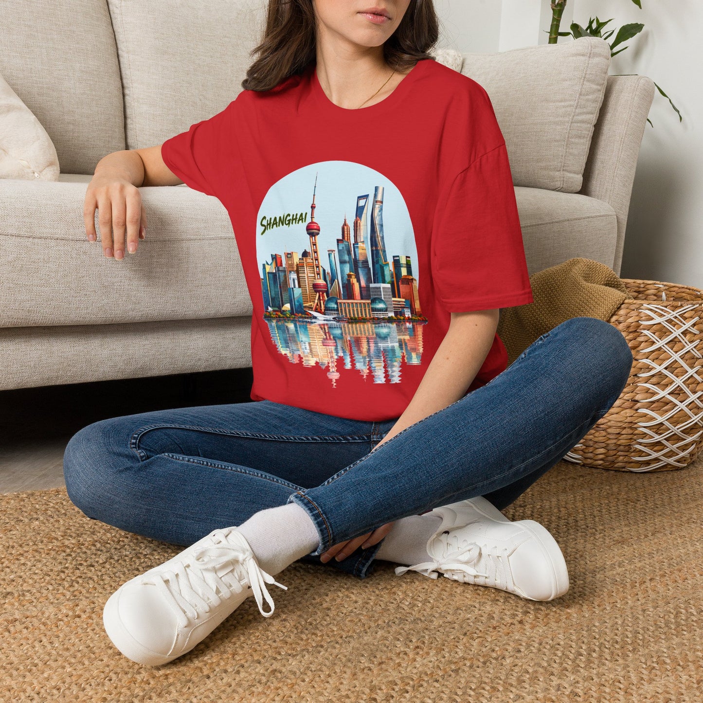 Shanghai Skyline T-Shirt — Retro Cityscape Tee with Reflection