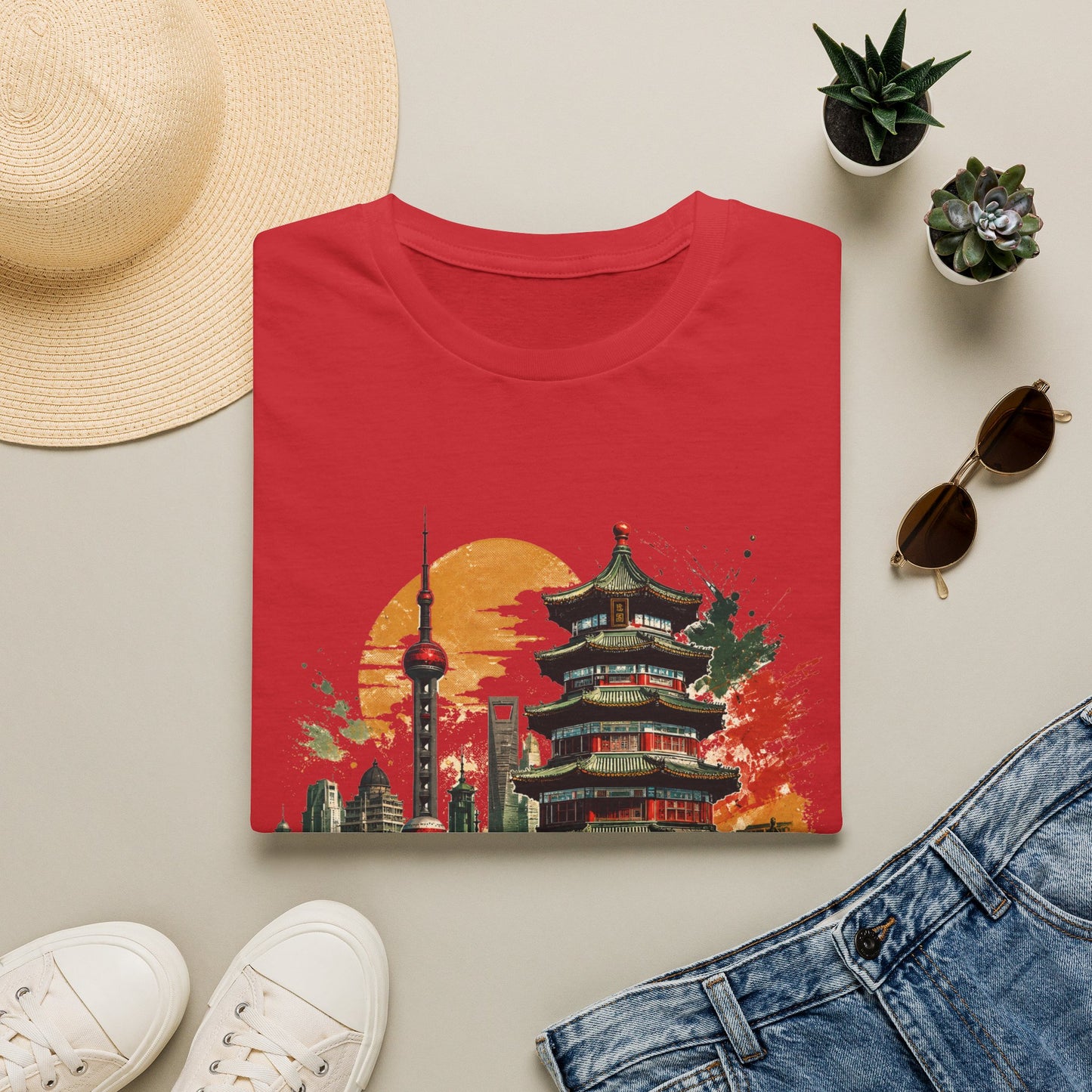 Shanghai Skyline T-Shirt — Watercolor Pagoda & Oriental Sunset Graphic
