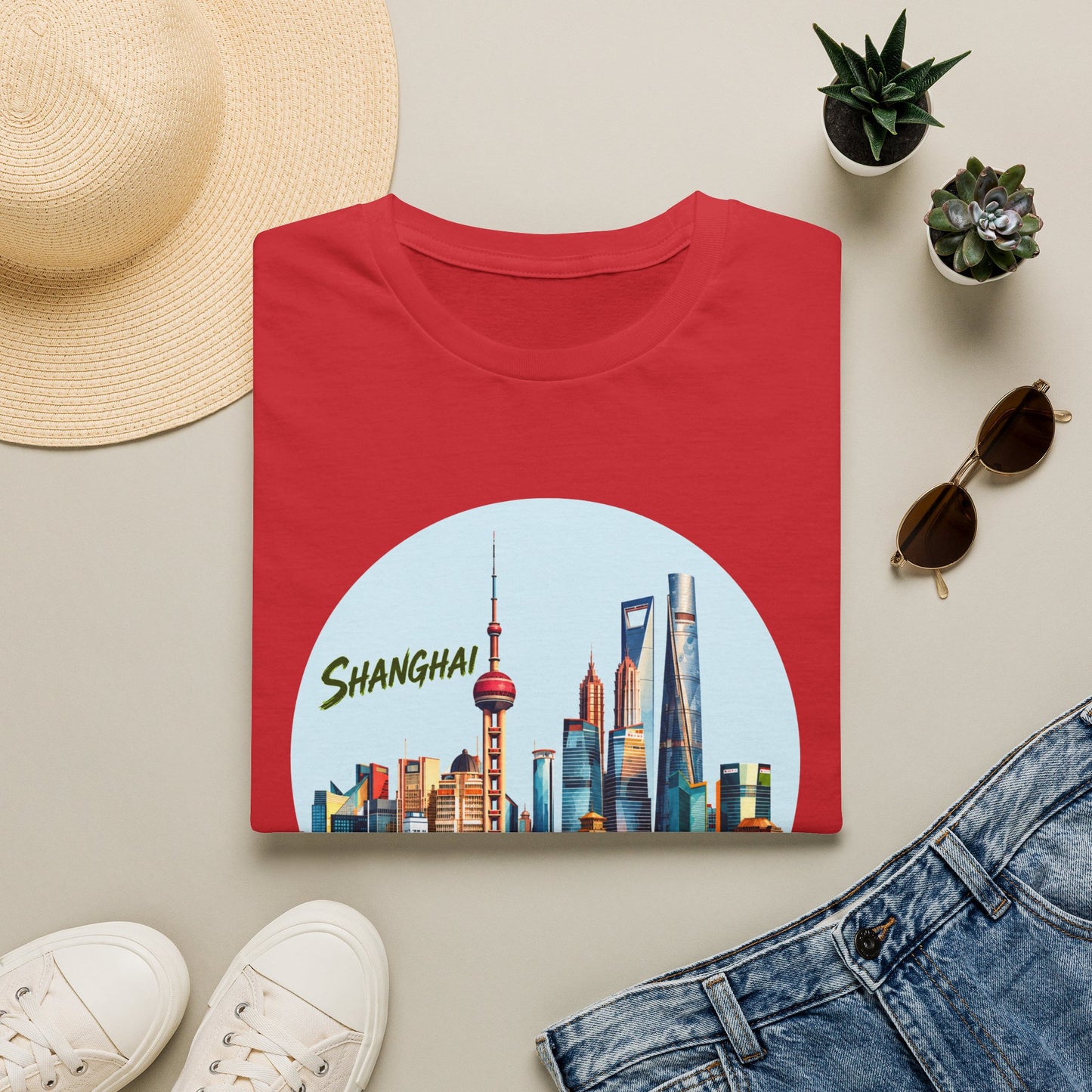 Shanghai Skyline T-Shirt — Retro Cityscape Tee with Reflection