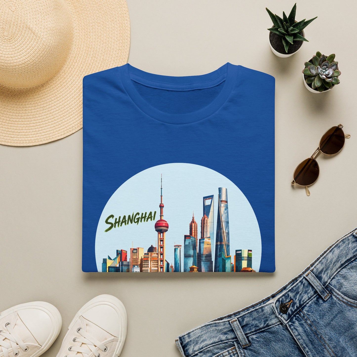 Shanghai Skyline T-Shirt — Retro Cityscape Tee with Reflection