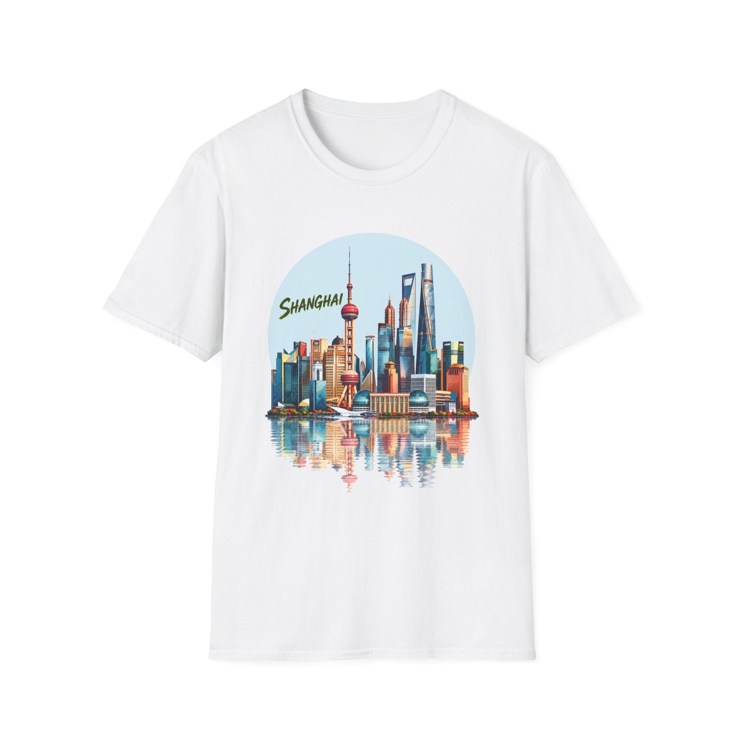 Shanghai Skyline T-Shirt — Retro Cityscape Tee with Reflection