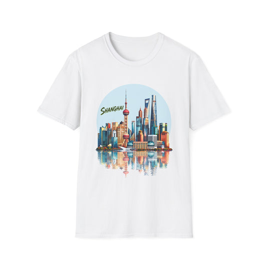 Shanghai Skyline T-Shirt — Retro Cityscape Tee with Reflection