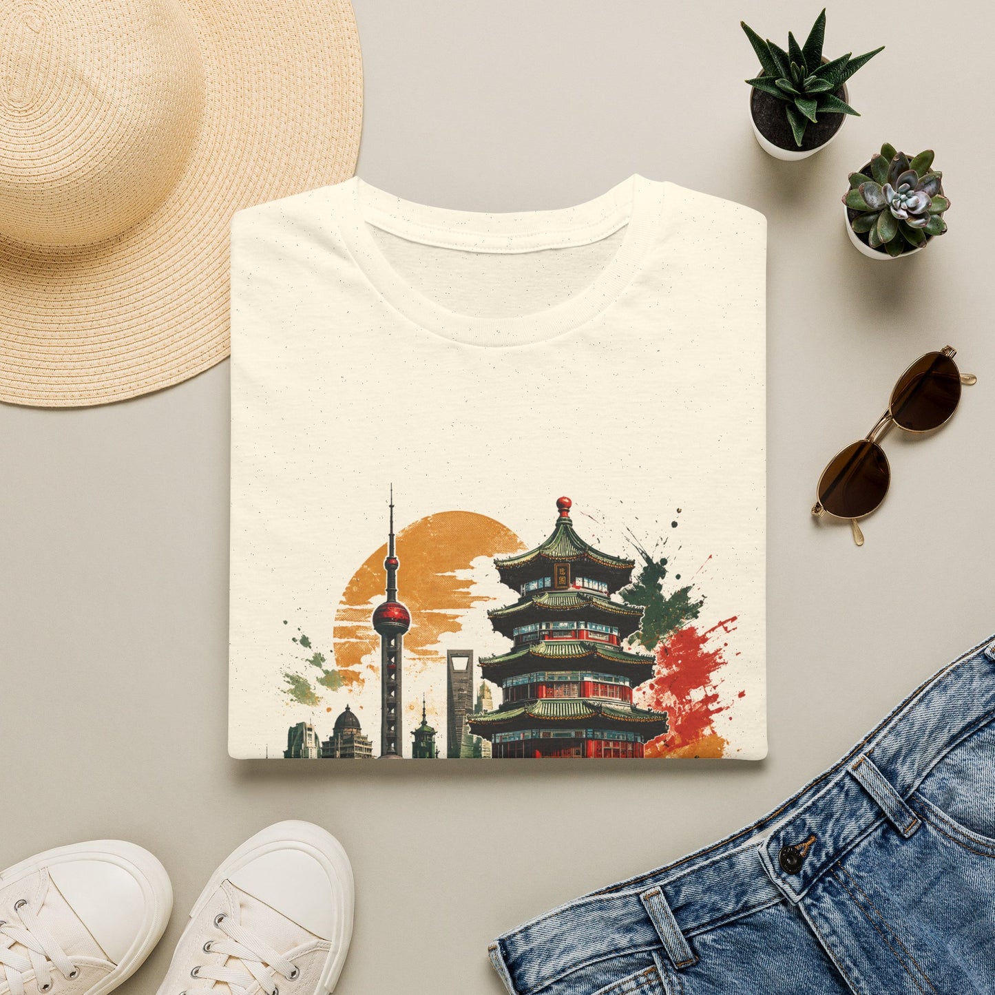 Shanghai skyline T-Shirt — Watercolor Pagoda & Oriental Sunset Tee