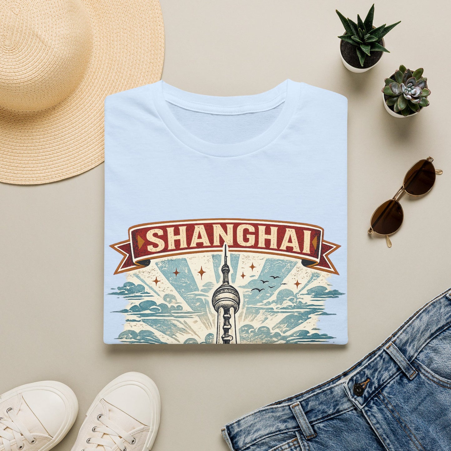 Shanghai Skyline T-Shirt — Retro Oriental Pearl Tower Travel Tee