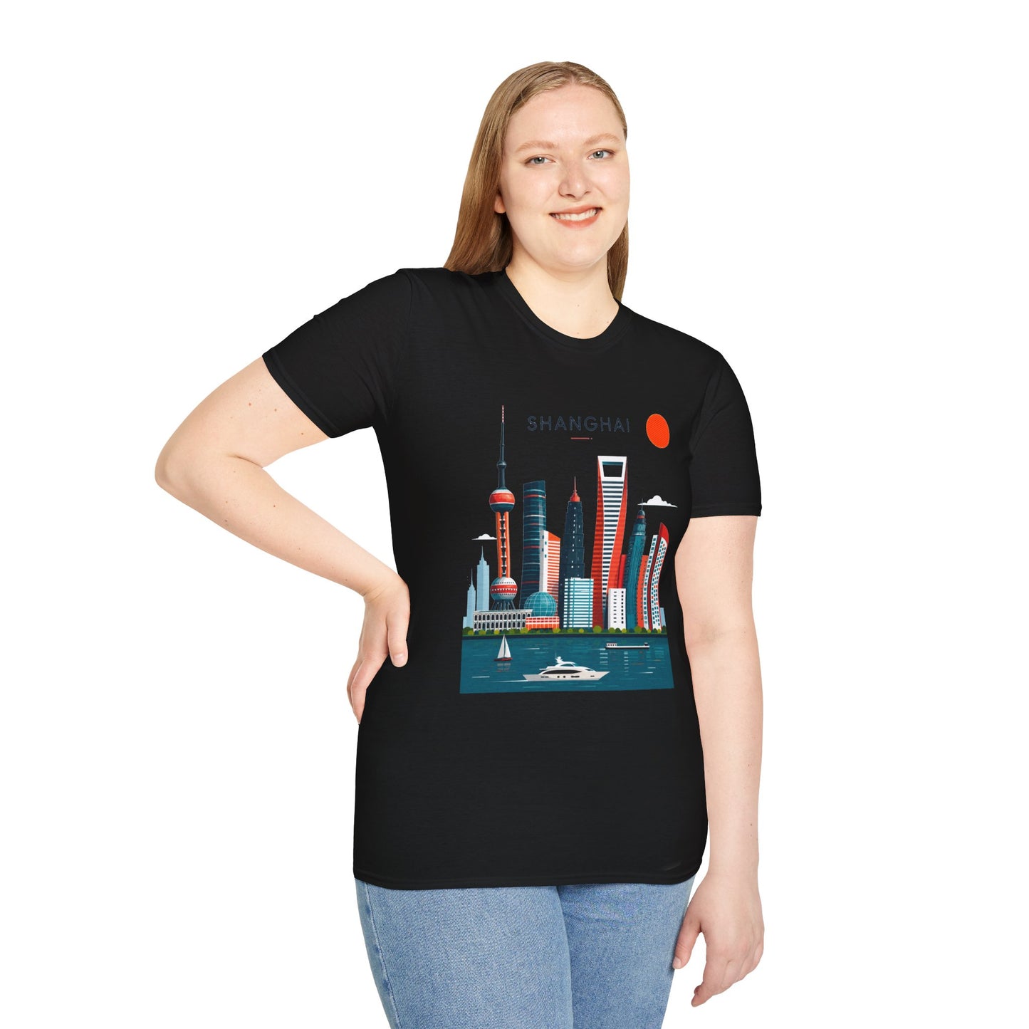 Shanghai Skyline T‑Shirt — Retro Red Sun Cityscape Tee