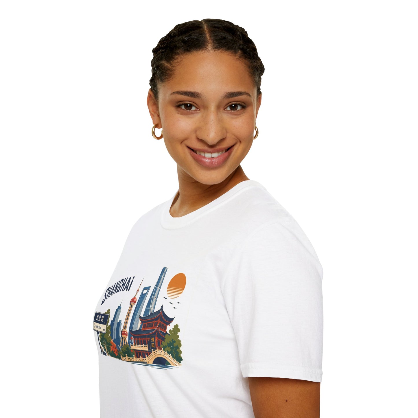 Shanghai Skyline T-Shirt — Vintage Cityscape Tee with Oriental Temple & Pudong Landmarks