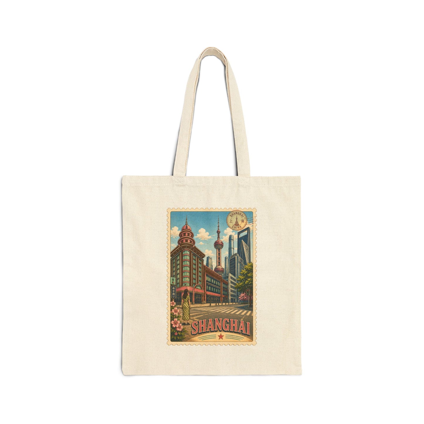 Shanghai Vintage Travel Tote — Cotton Canvas Cityscape Bag