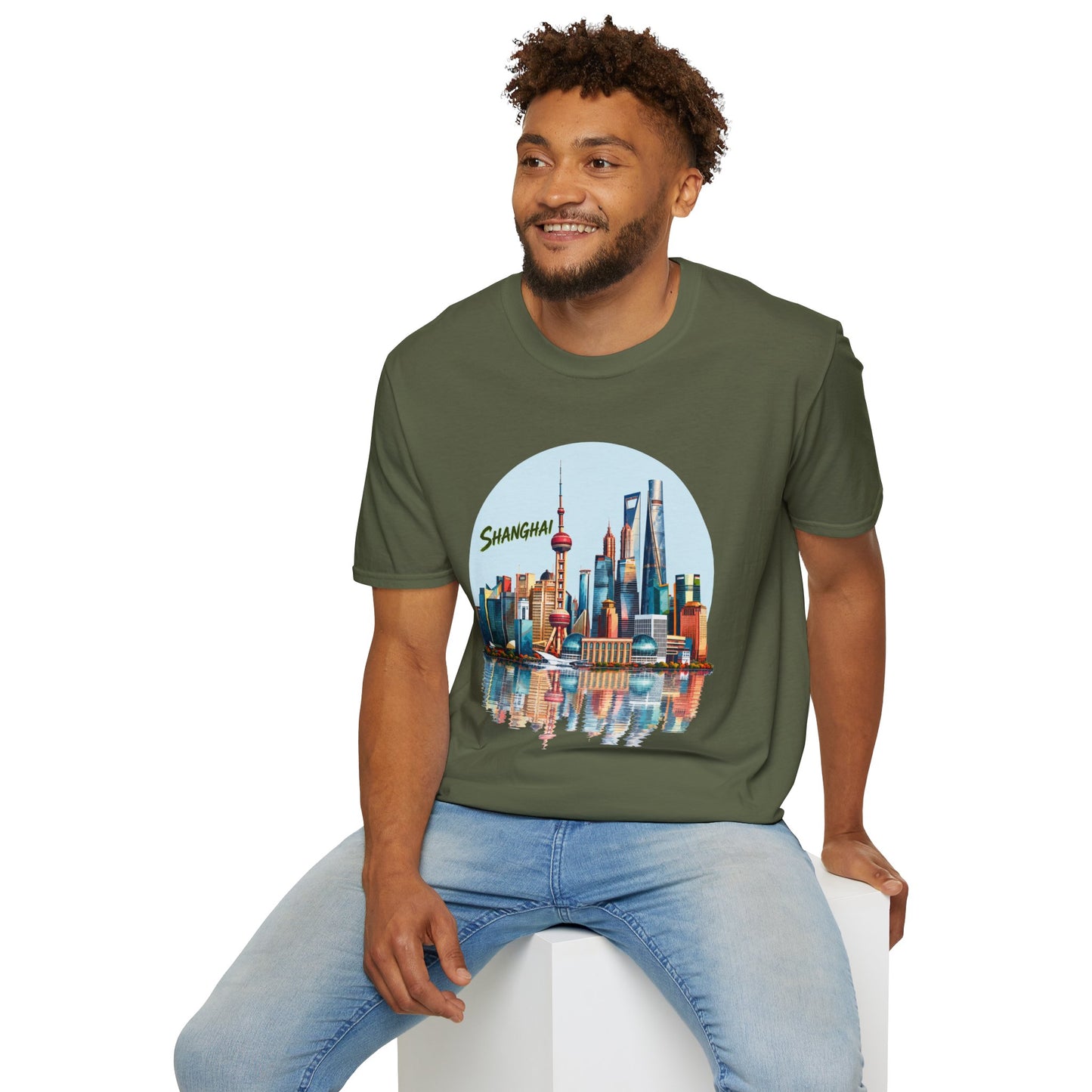 Shanghai Skyline T-Shirt — Retro Cityscape Tee with Reflection