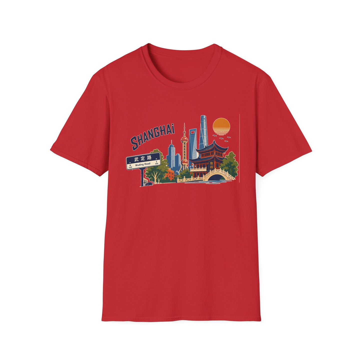 Shanghai Skyline T-Shirt — Vintage Cityscape Tee with Oriental Temple & Pudong Landmarks