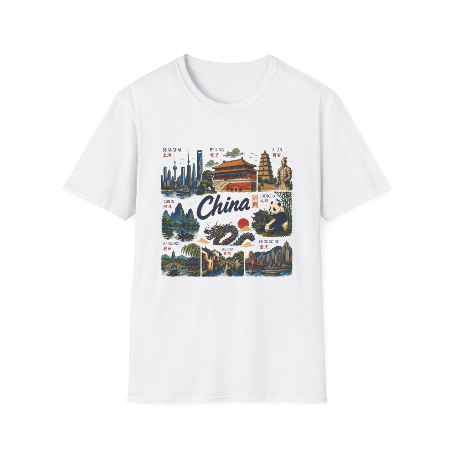 China Travel Collage T-Shirt — Landmarks & Panda Souvenir Tee