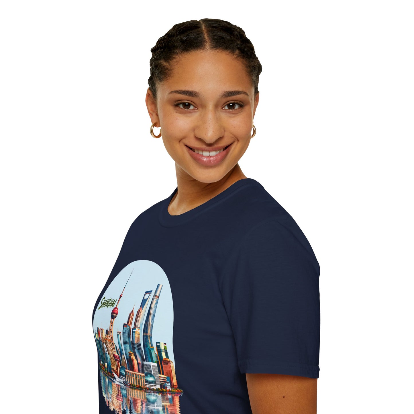Shanghai Skyline T-Shirt — Retro Cityscape Tee with Reflection