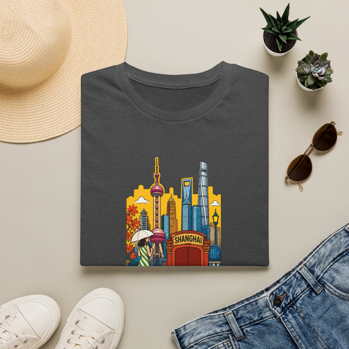 Shanghai Skyline T-Shirt — Vintage Cityscape with Chinese Characters