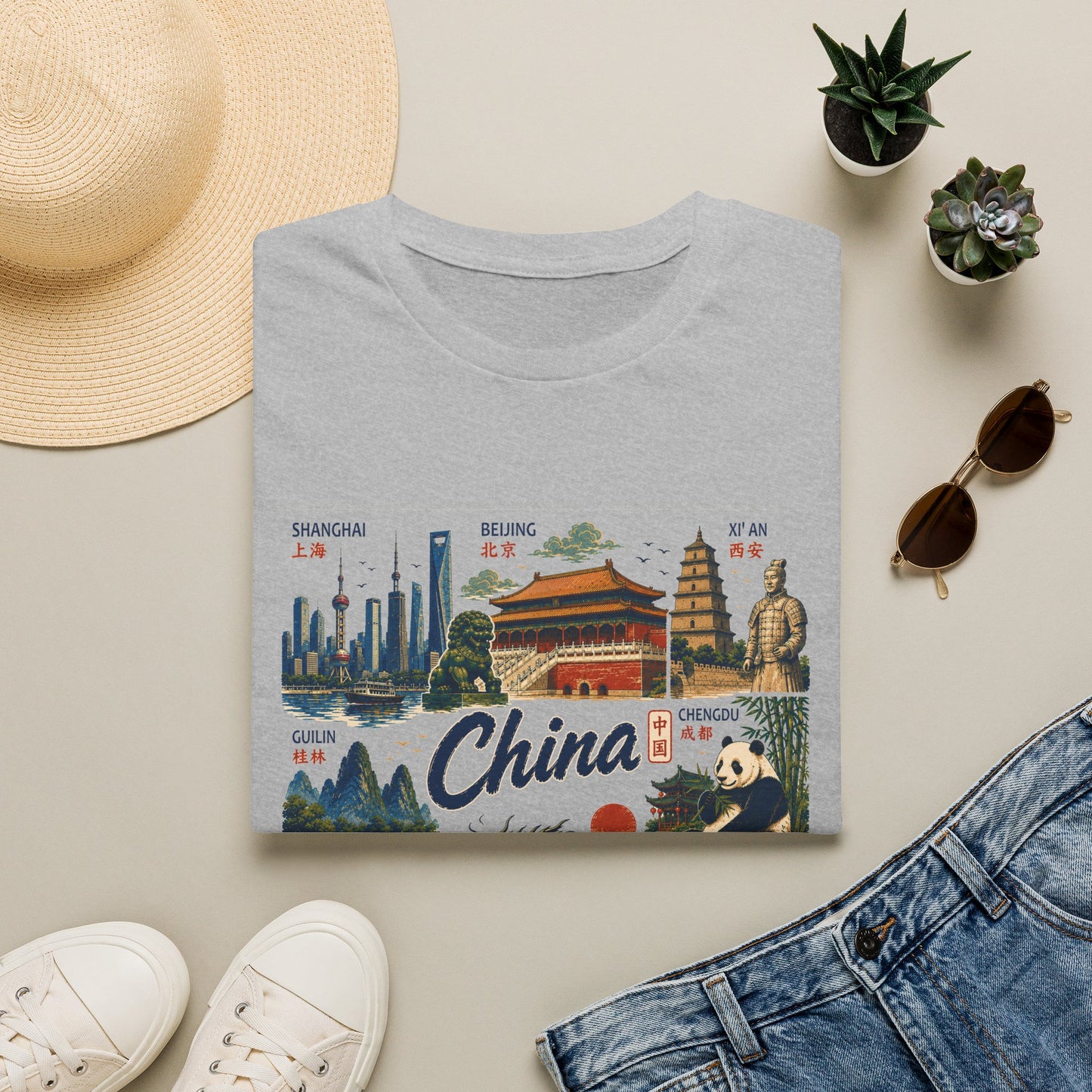 China Travel Collage T-Shirt — Landmarks & Panda Souvenir Tee