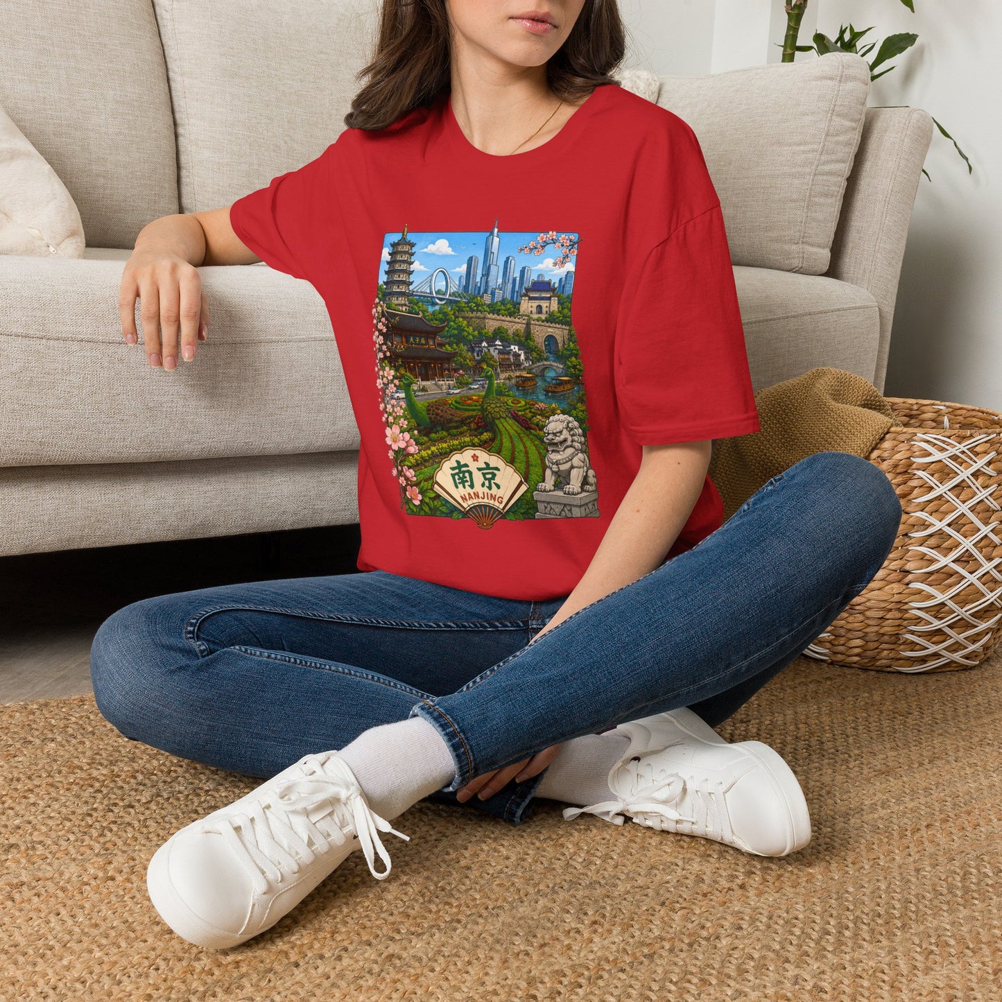 Nanjing Skyline T-Shirt — Scenic Cityscape with Pagoda & Cherry Blossoms