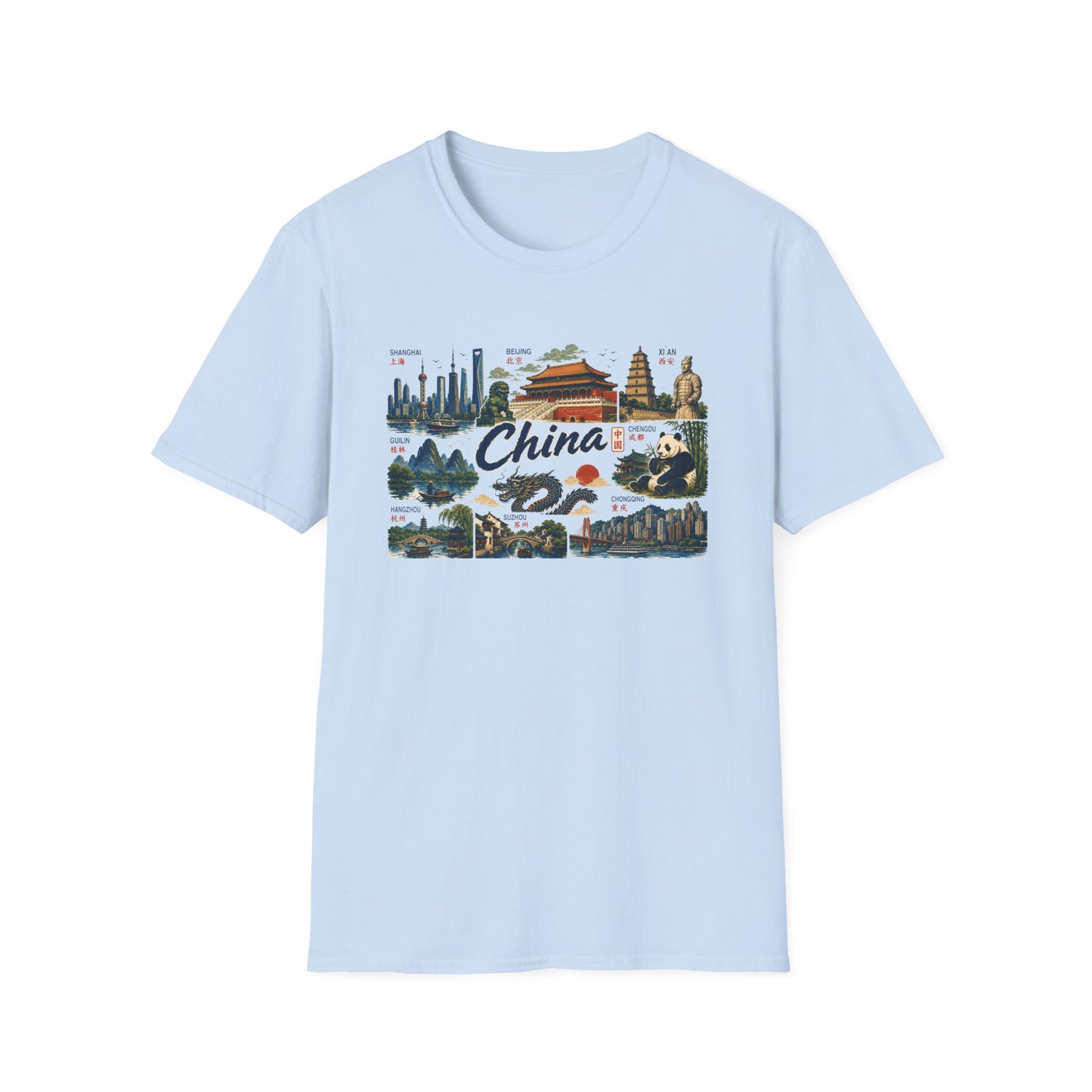 China Landmarks T-Shirt — Panda, Great Wall & Skyline Travel Tee