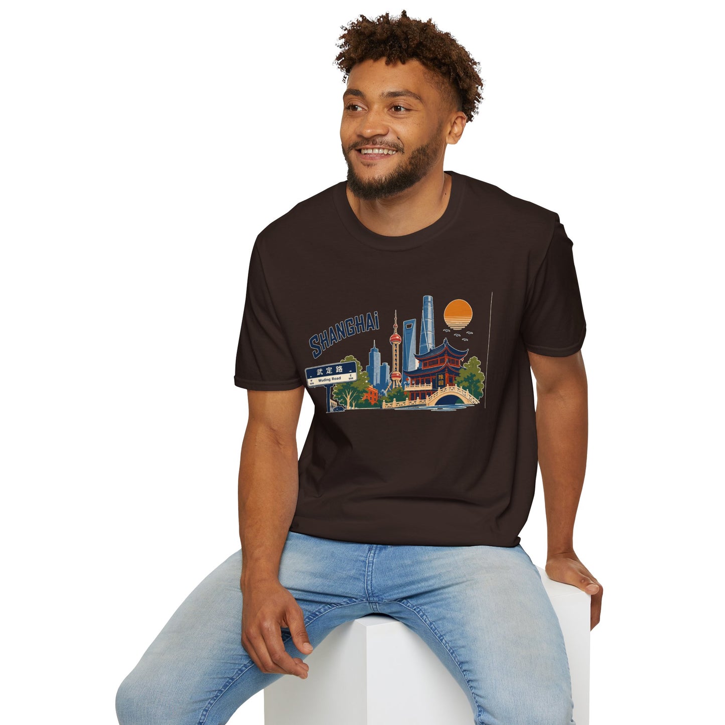 Shanghai Skyline T-Shirt — Vintage Cityscape Tee with Oriental Temple & Pudong Landmarks