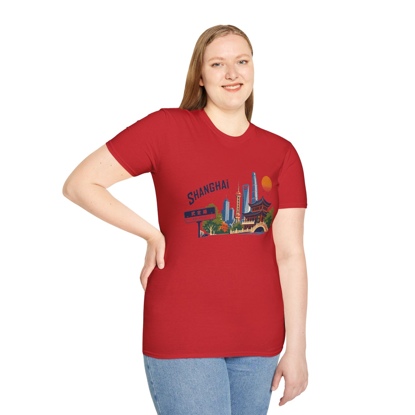 Shanghai Skyline T-Shirt — Retro Cityscape Tee with Oriental Pagoda & Street Sign