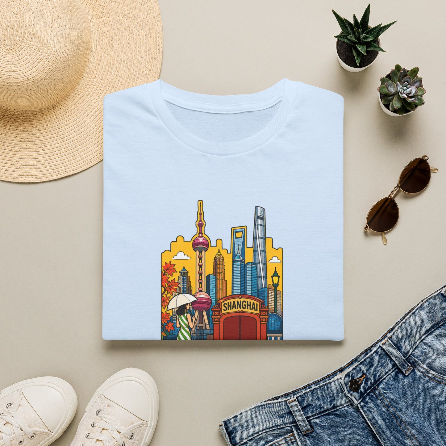Shanghai Skyline T-Shirt — Vintage Cityscape with Chinese Characters