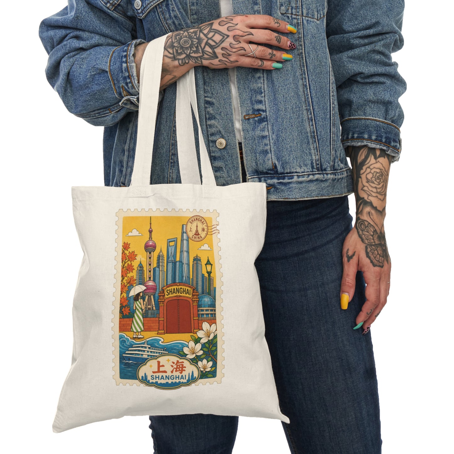 Shanghai Vintage Travel Tote Bag — Retro Postcard Cityscape Cotton Tote