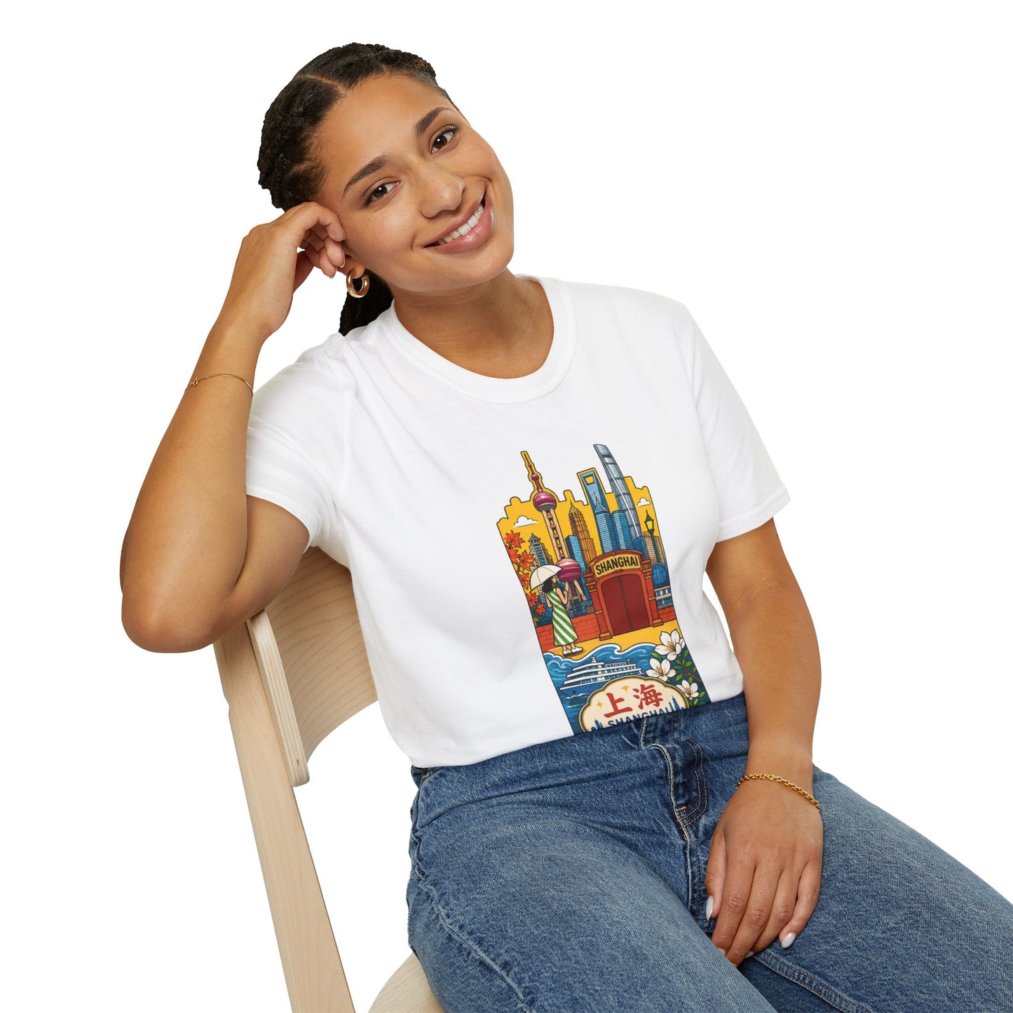 Shanghai Skyline T-Shirt — Vintage Cityscape with Chinese Characters
