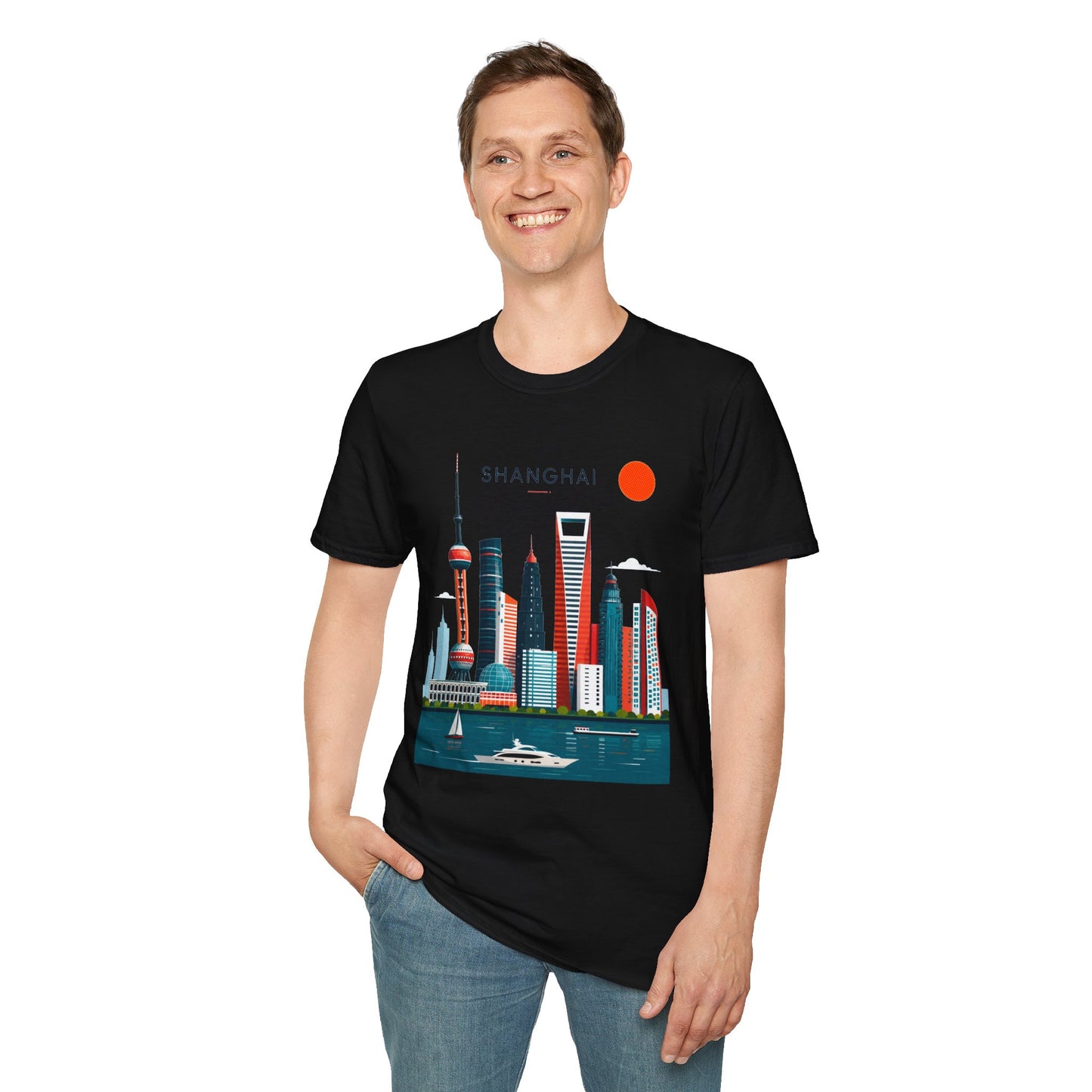 Shanghai Skyline T‑Shirt — Retro Red Sun Cityscape Tee