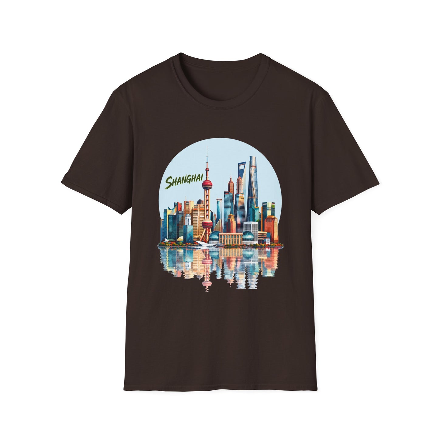 Shanghai Skyline T-Shirt — Retro Cityscape Tee with Reflection