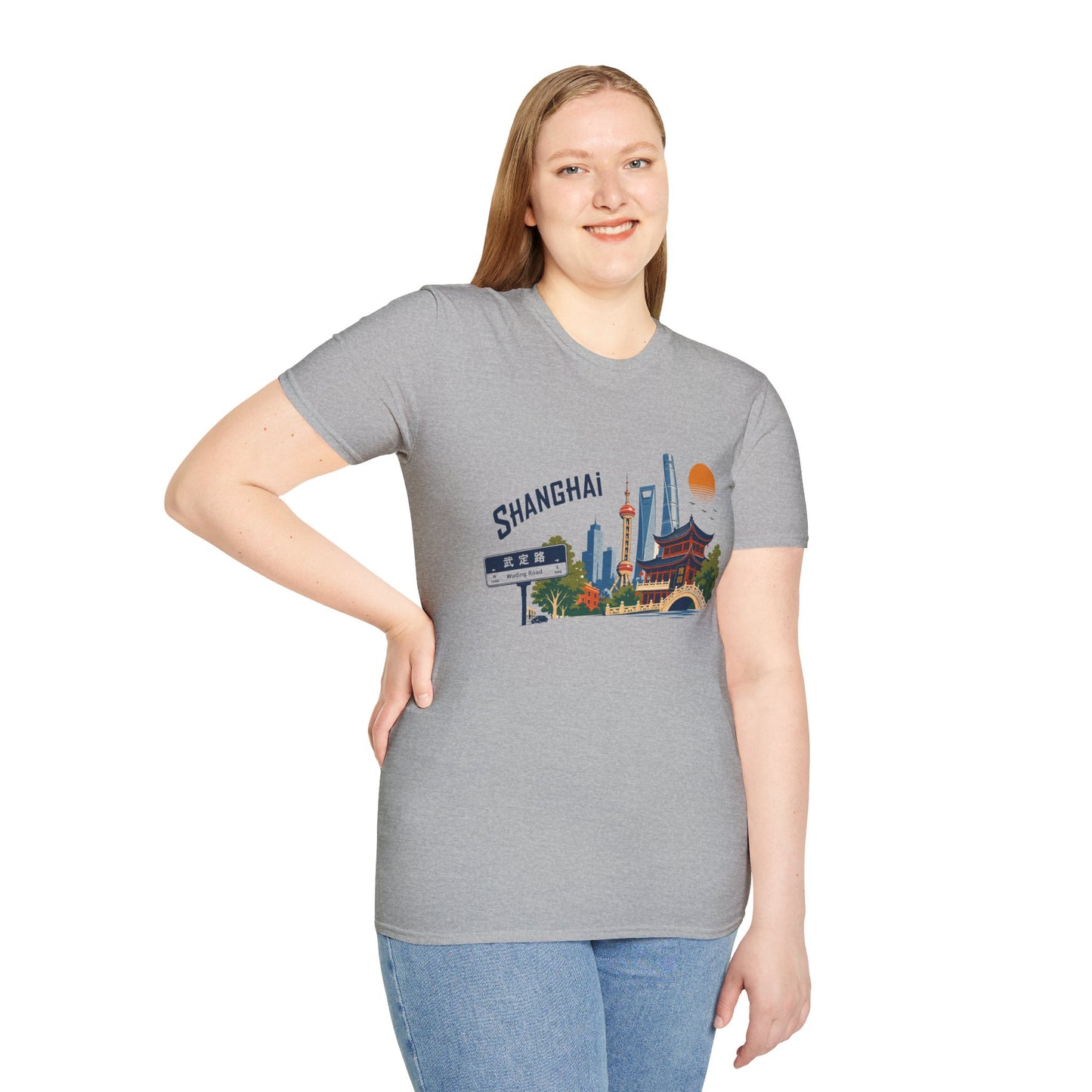 Shanghai Skyline T-Shirt — Retro Cityscape Tee with Oriental Pagoda & Street Sign