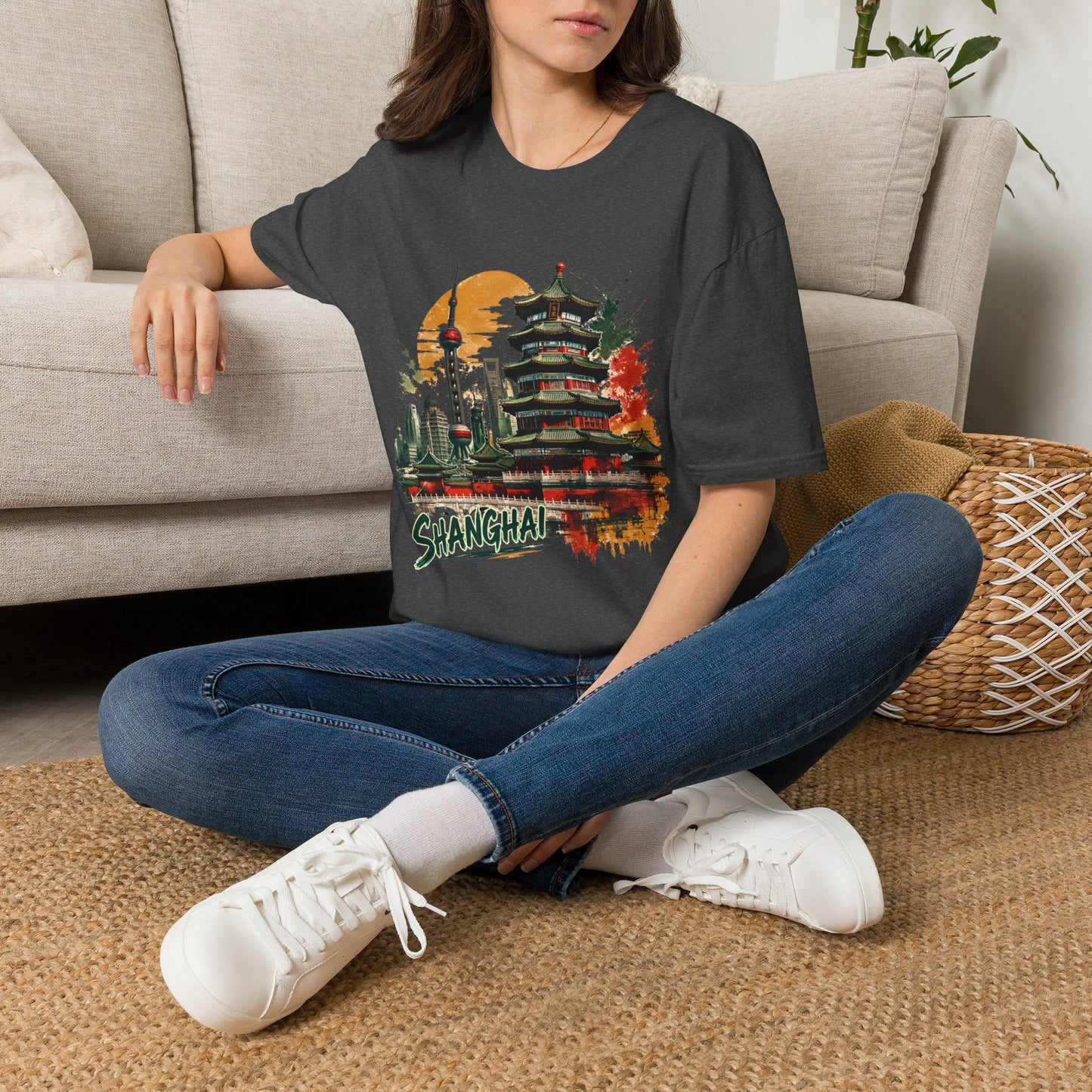 Shanghai Skyline T-Shirt — Watercolor Pagoda & Oriental Sunset Graphic