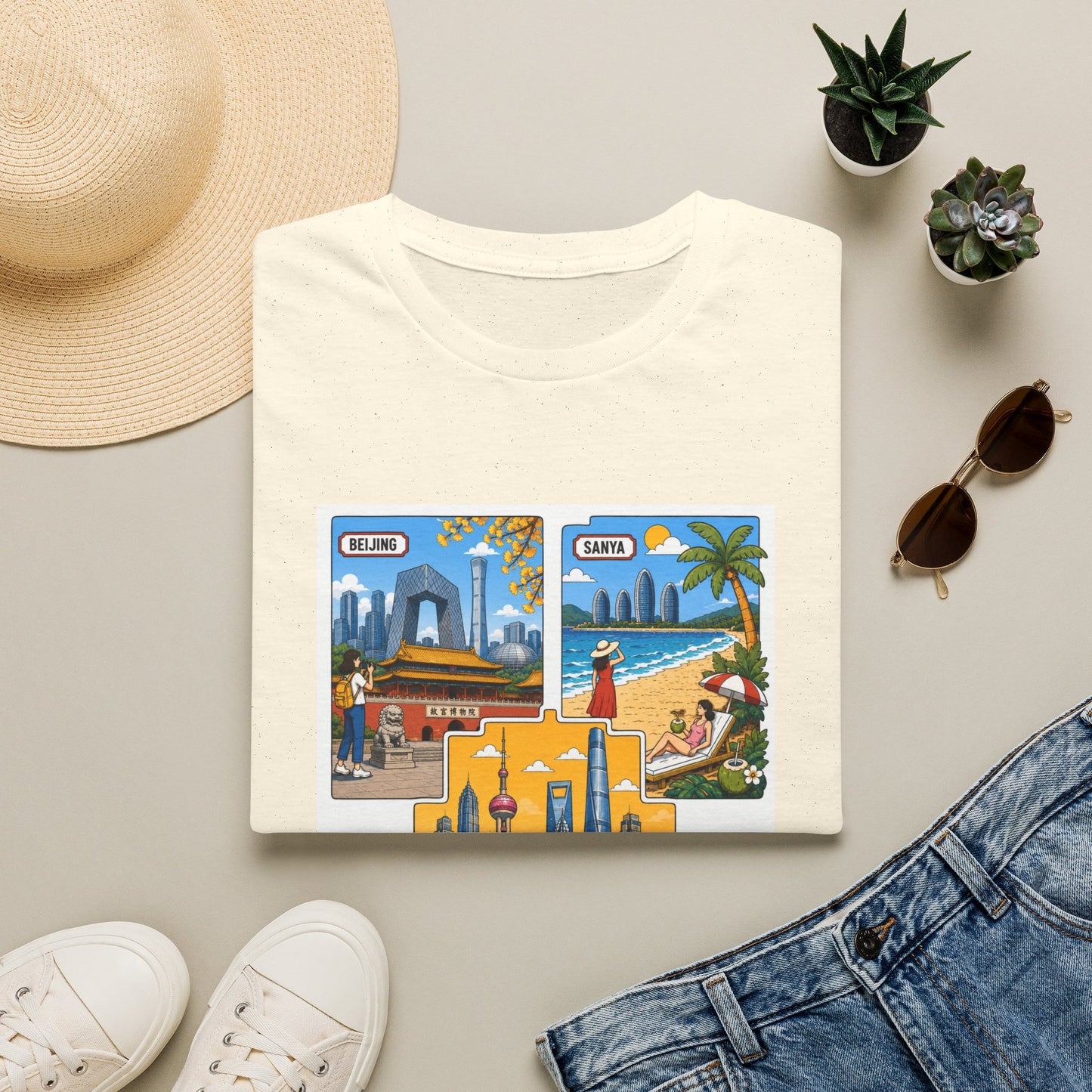 Cityscape Postcard T-Shirt — Retro Travel Collage (Beijing, Santa, Coastal Scenes)