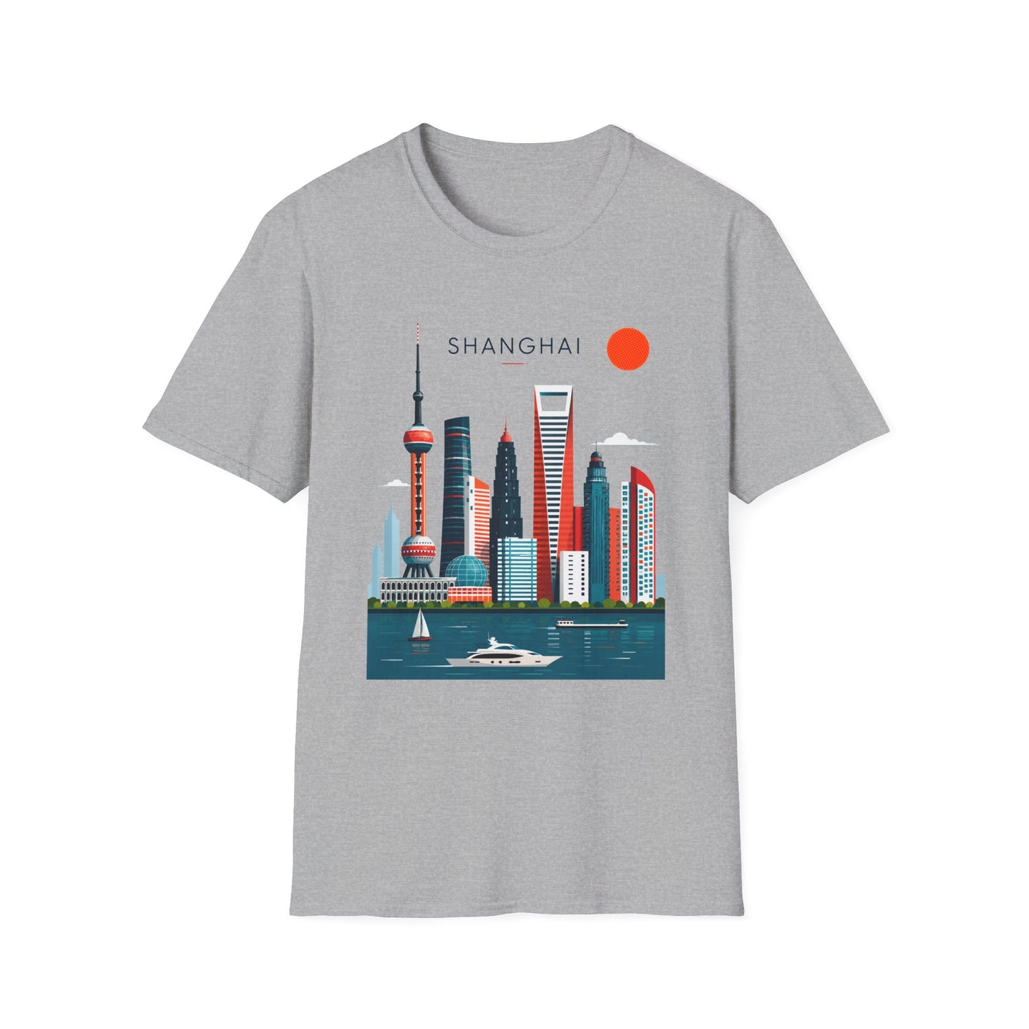 Shanghai Skyline T‑Shirt — Retro Red Sun Cityscape Tee