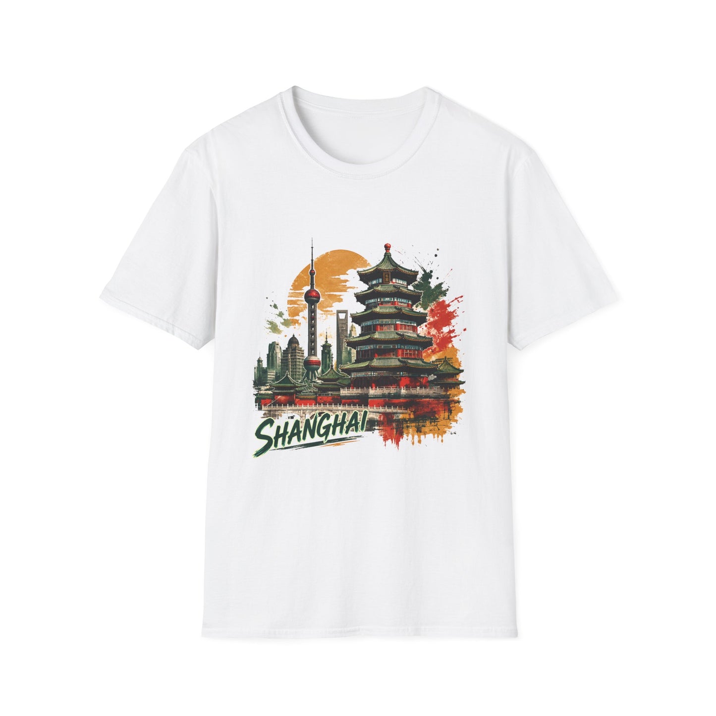 Shanghai skyline T-Shirt — Watercolor Pagoda & Oriental Sunset Tee