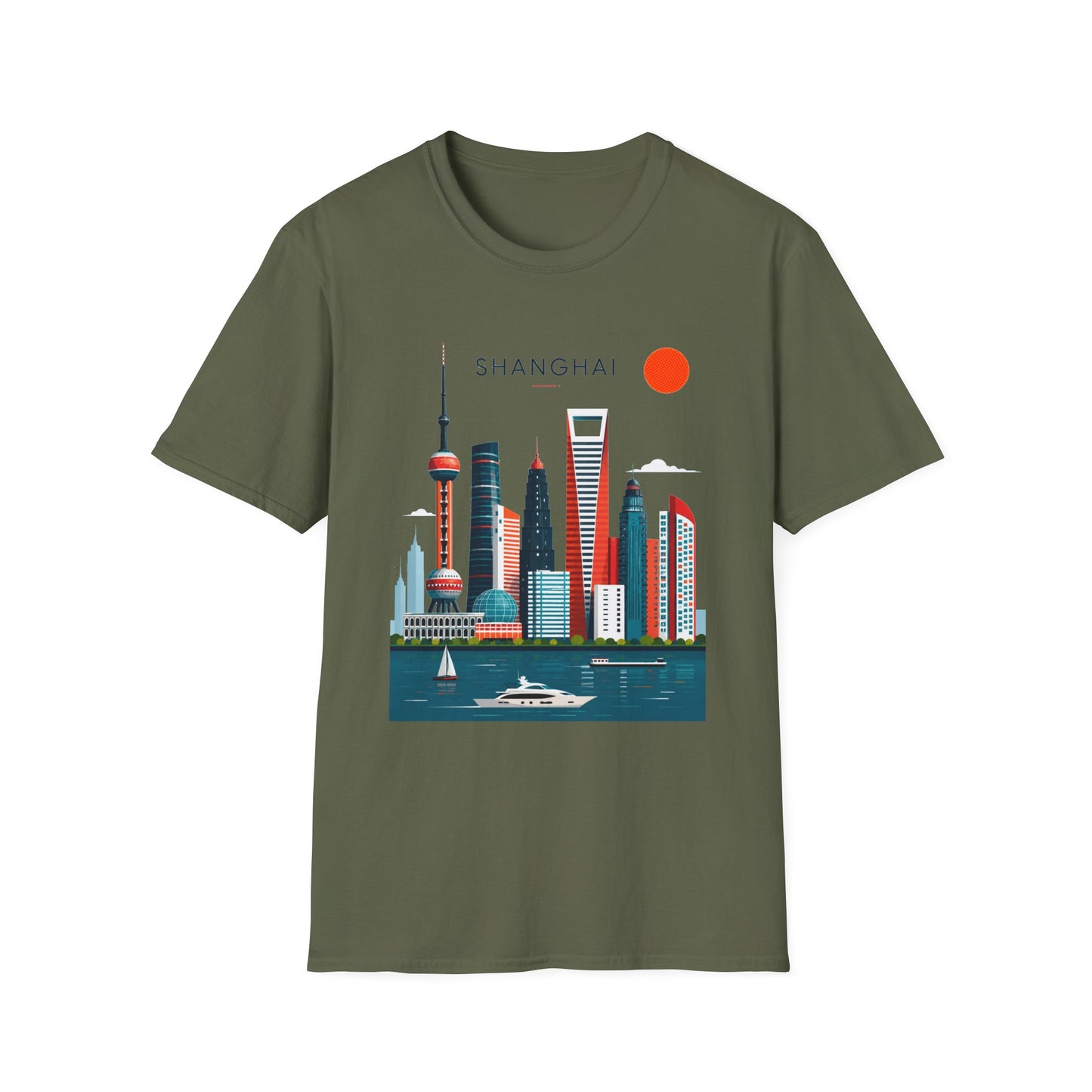 Shanghai Skyline T‑Shirt — Retro Red Sun Cityscape Tee