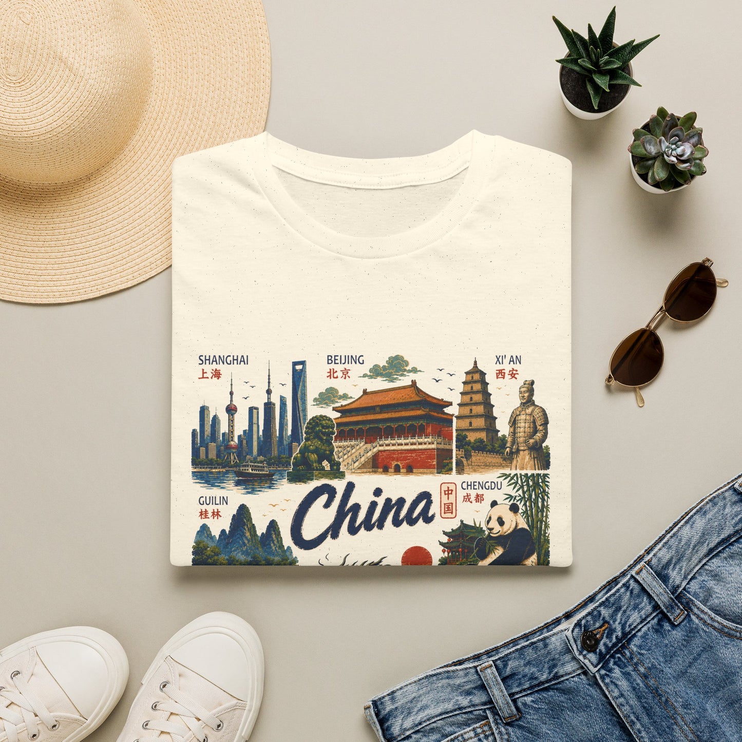 China Travel Collage T-Shirt — Landmarks & Panda Souvenir Tee