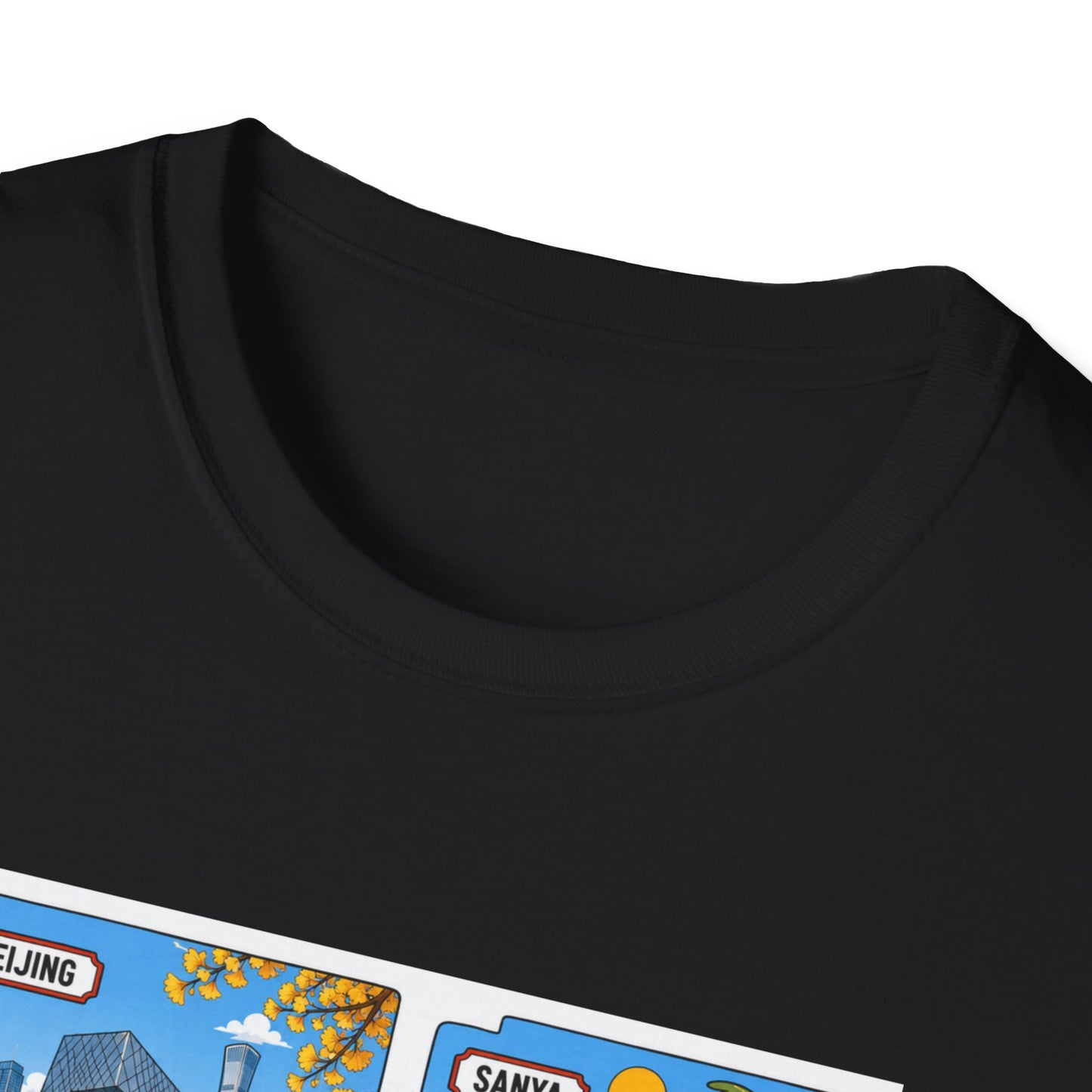 Cityscape Postcard T-Shirt — Retro Travel Collage (Beijing, Santa, Coastal Scenes)
