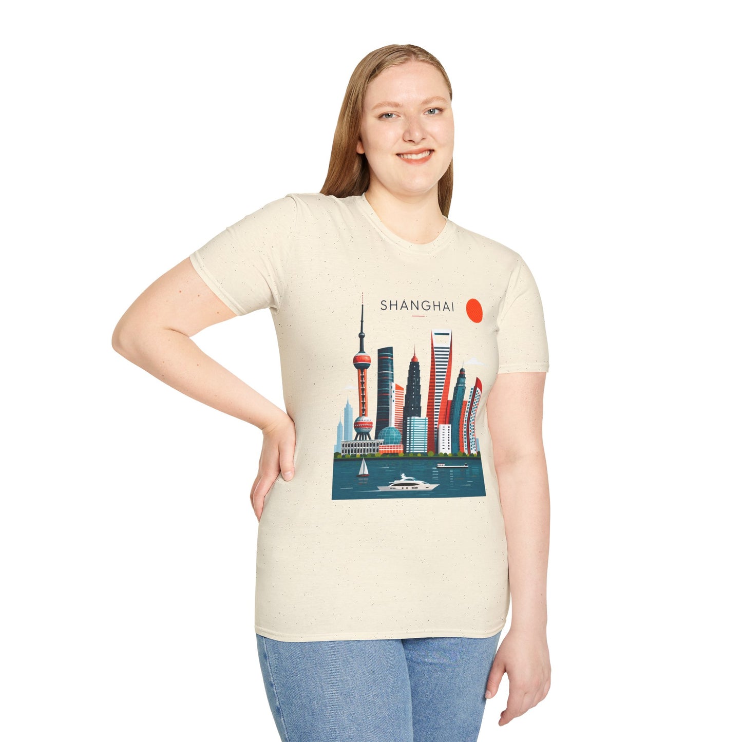 Shanghai Skyline T‑Shirt — Retro Red Sun Cityscape Tee