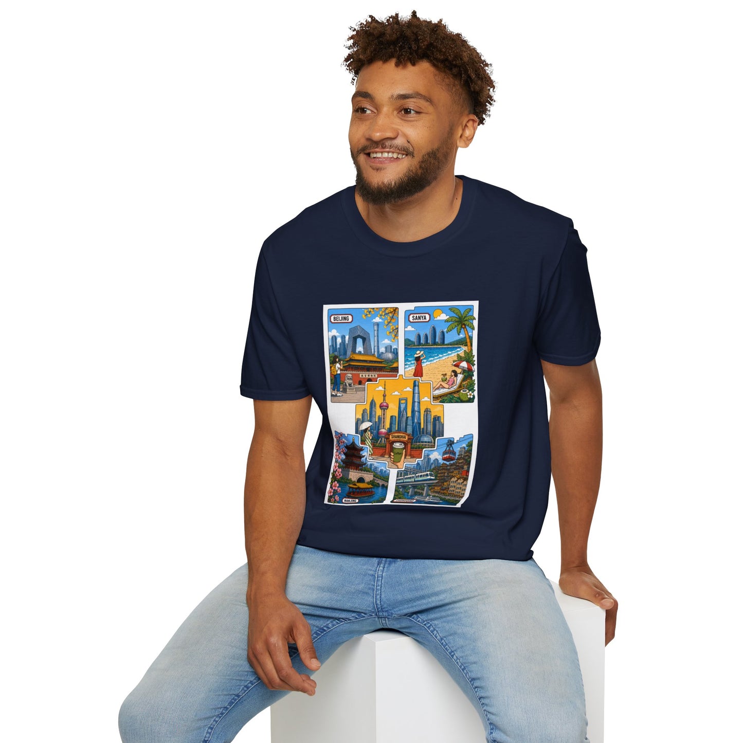 Cityscape Postcard T-Shirt — Retro Travel Collage (Beijing, Santa, Coastal Scenes)
