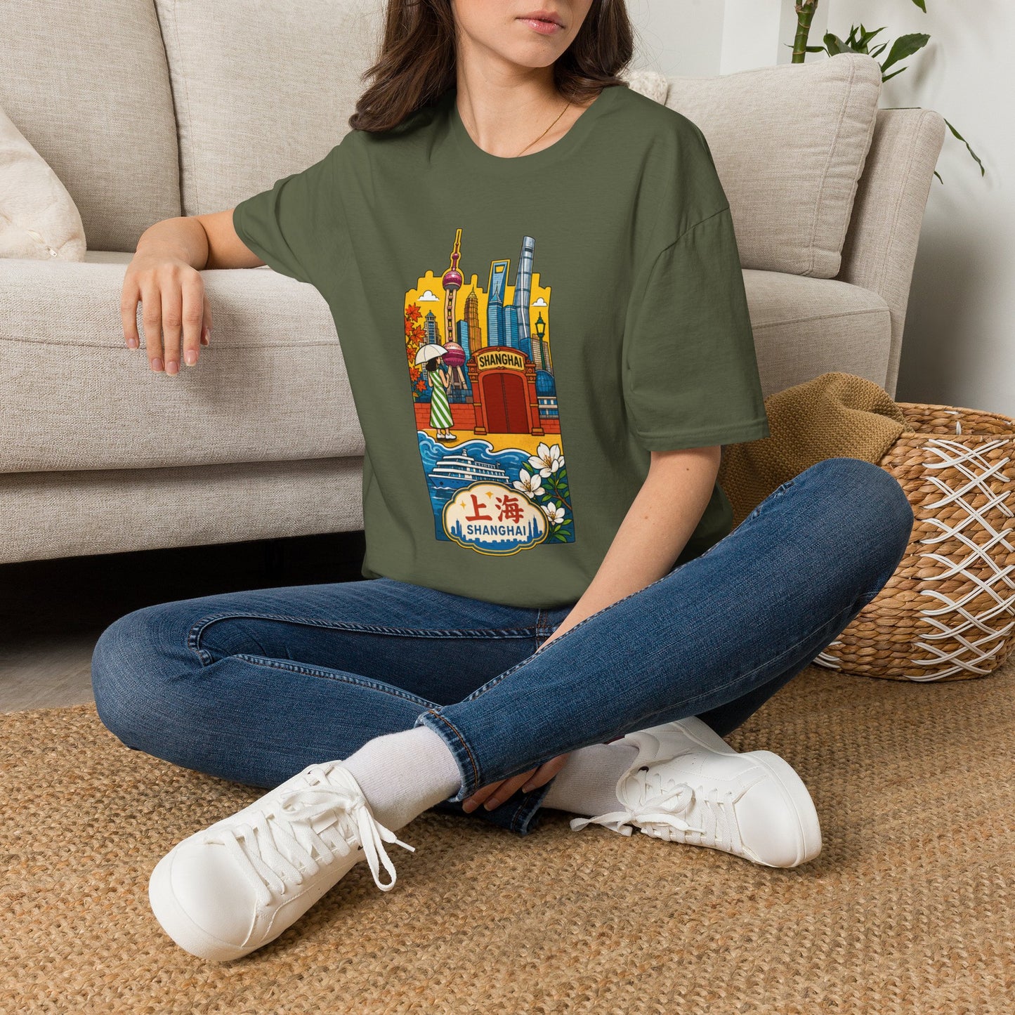 Shanghai Skyline T-Shirt — Vintage Cityscape with Chinese Characters