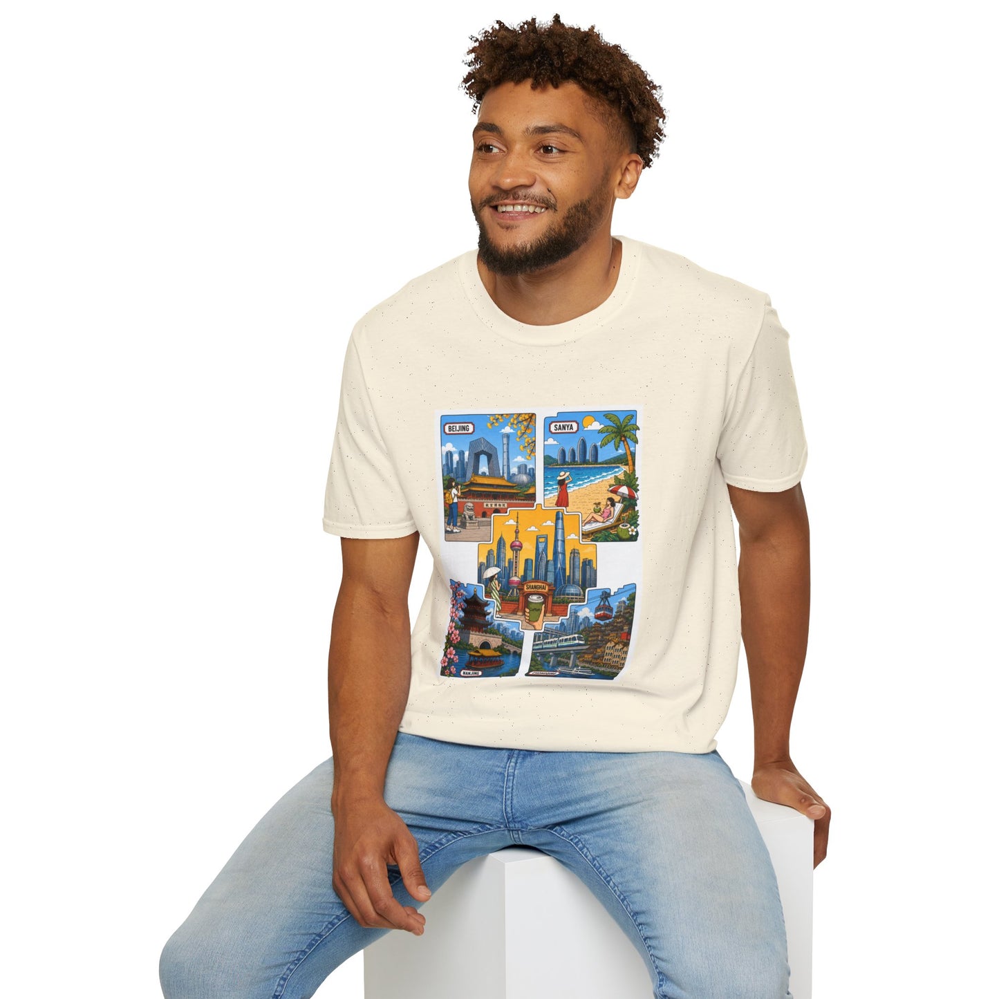 Cityscape Postcard T-Shirt — Retro Travel Collage (Beijing, Santa, Coastal Scenes)